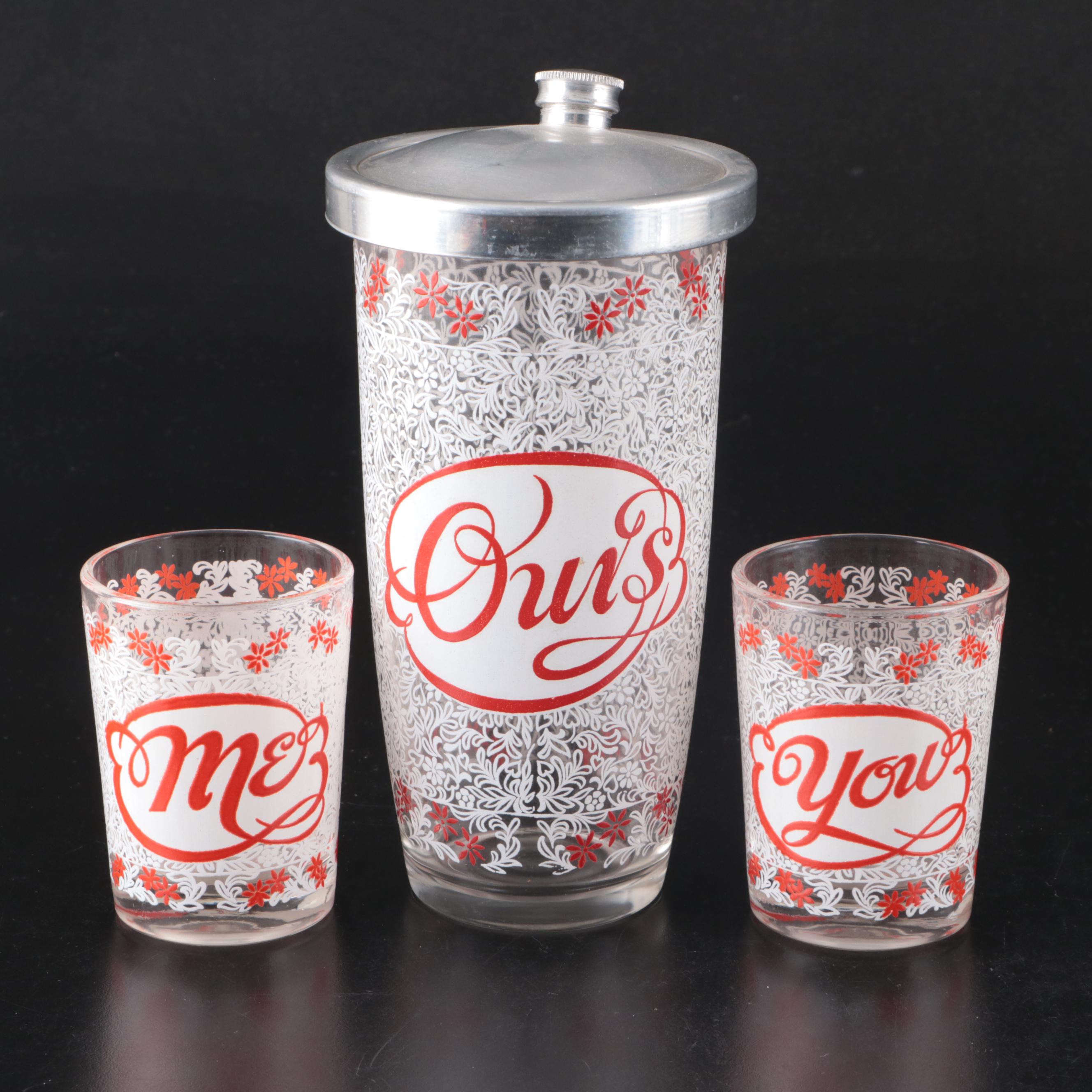 Hazel-Atlas Yours, Mine and Ours with Other Novelty Cocktail Shakers and Barware