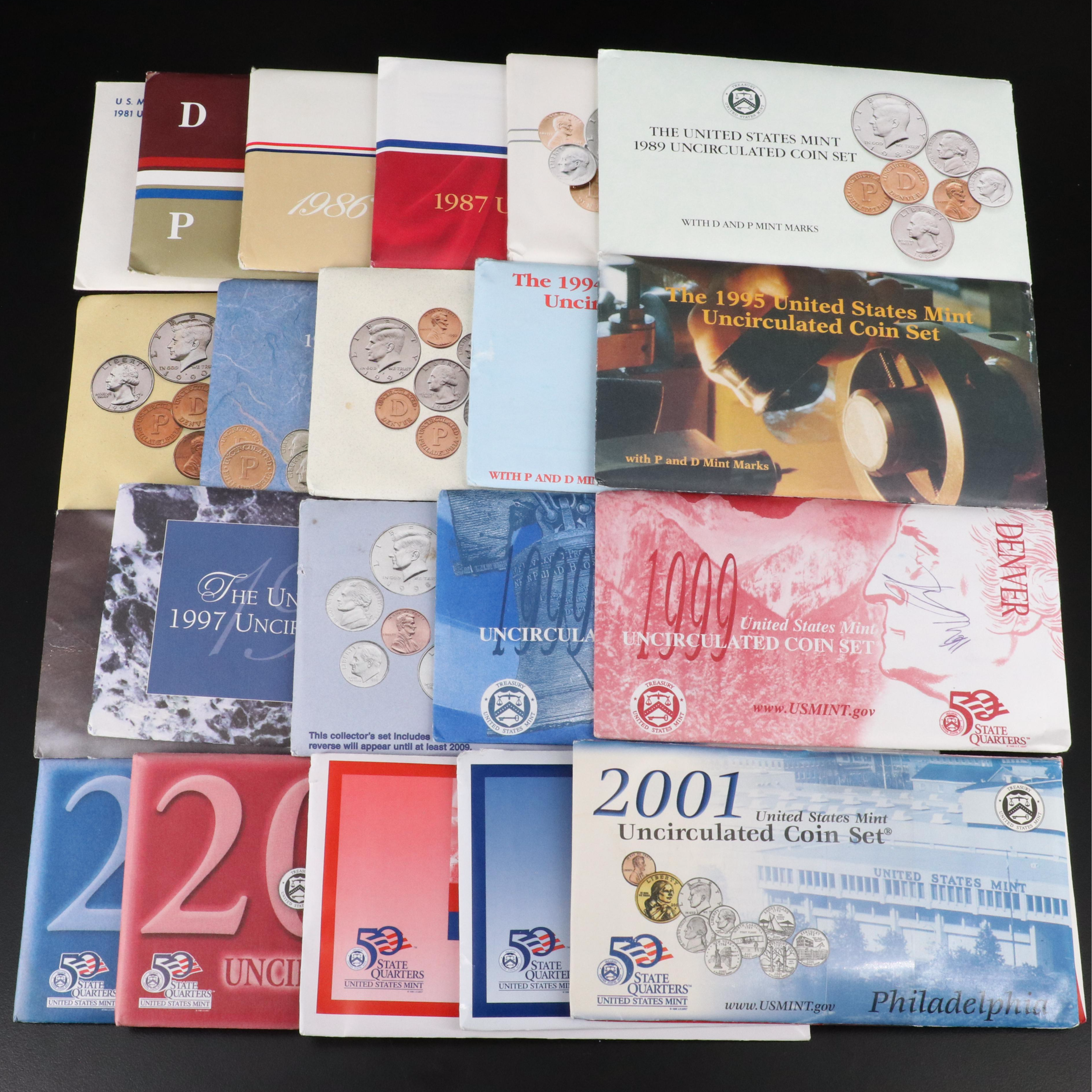 Eighteen U.S. Mint Uncirculated Sets, 1981 to 2002