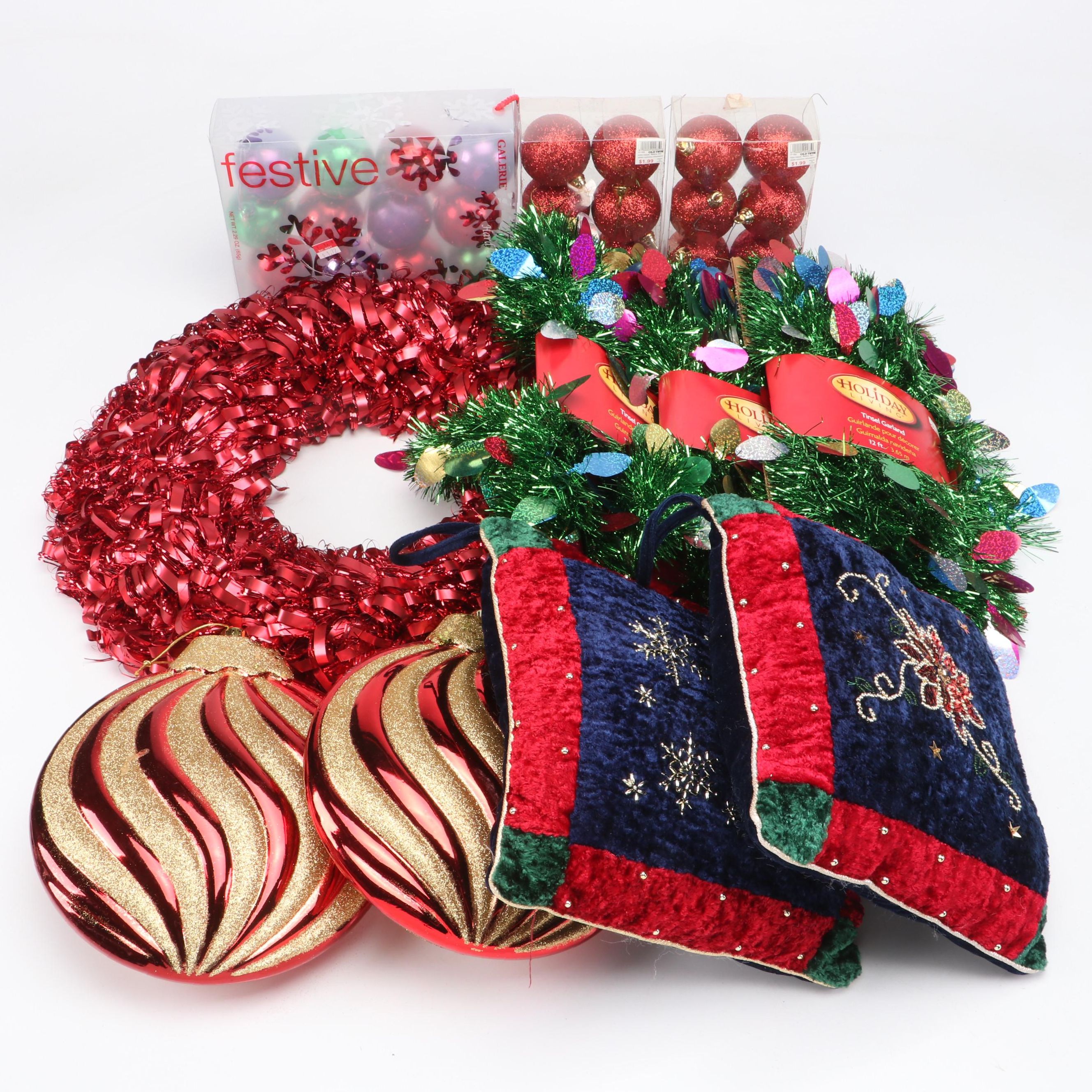 Holiday Living Tinsel Garland with Christmas Ornaments and Wreath