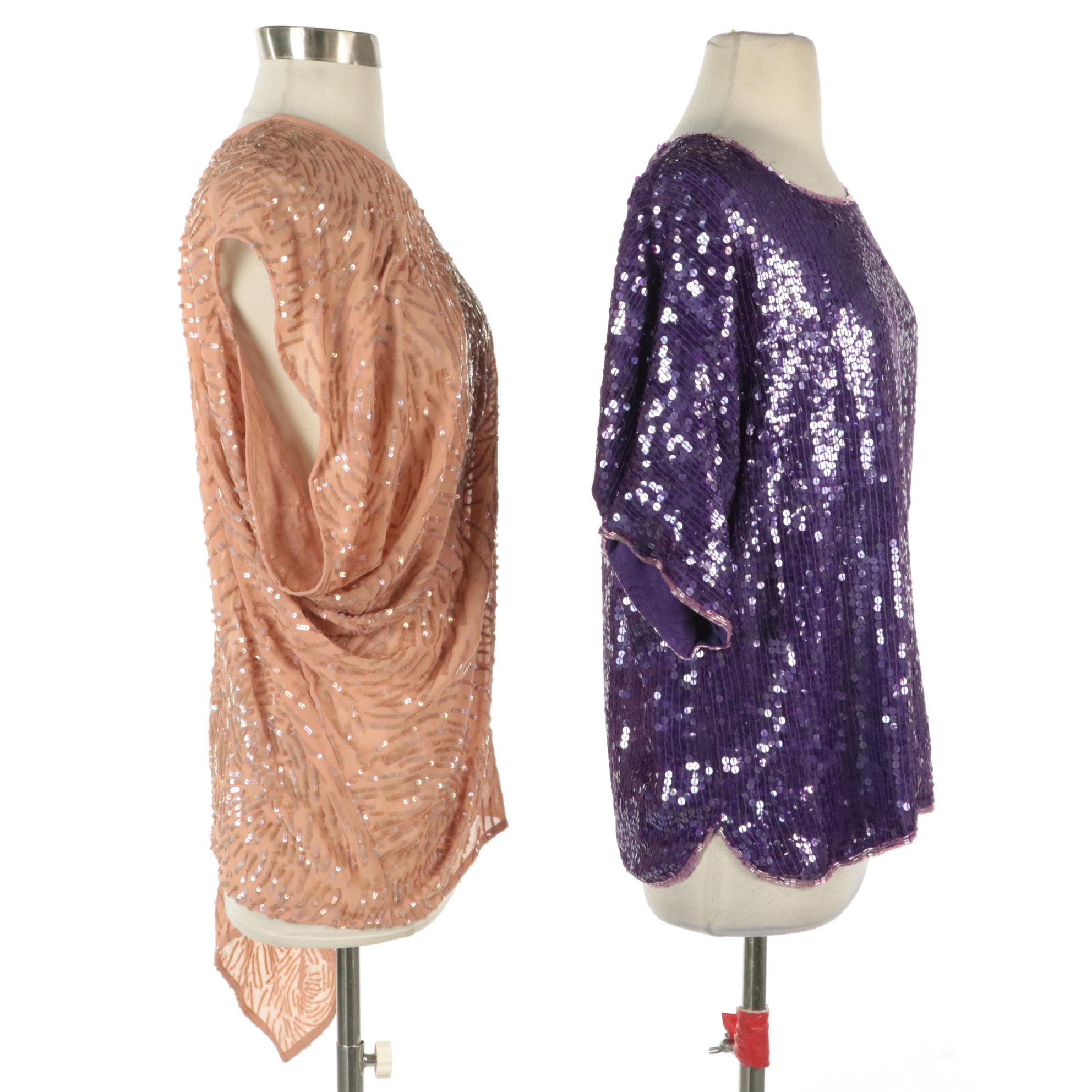 Royal Feelings Bead/Sequin Silk Top and Gold Hawk Asymmetrical Draped Sequin Top