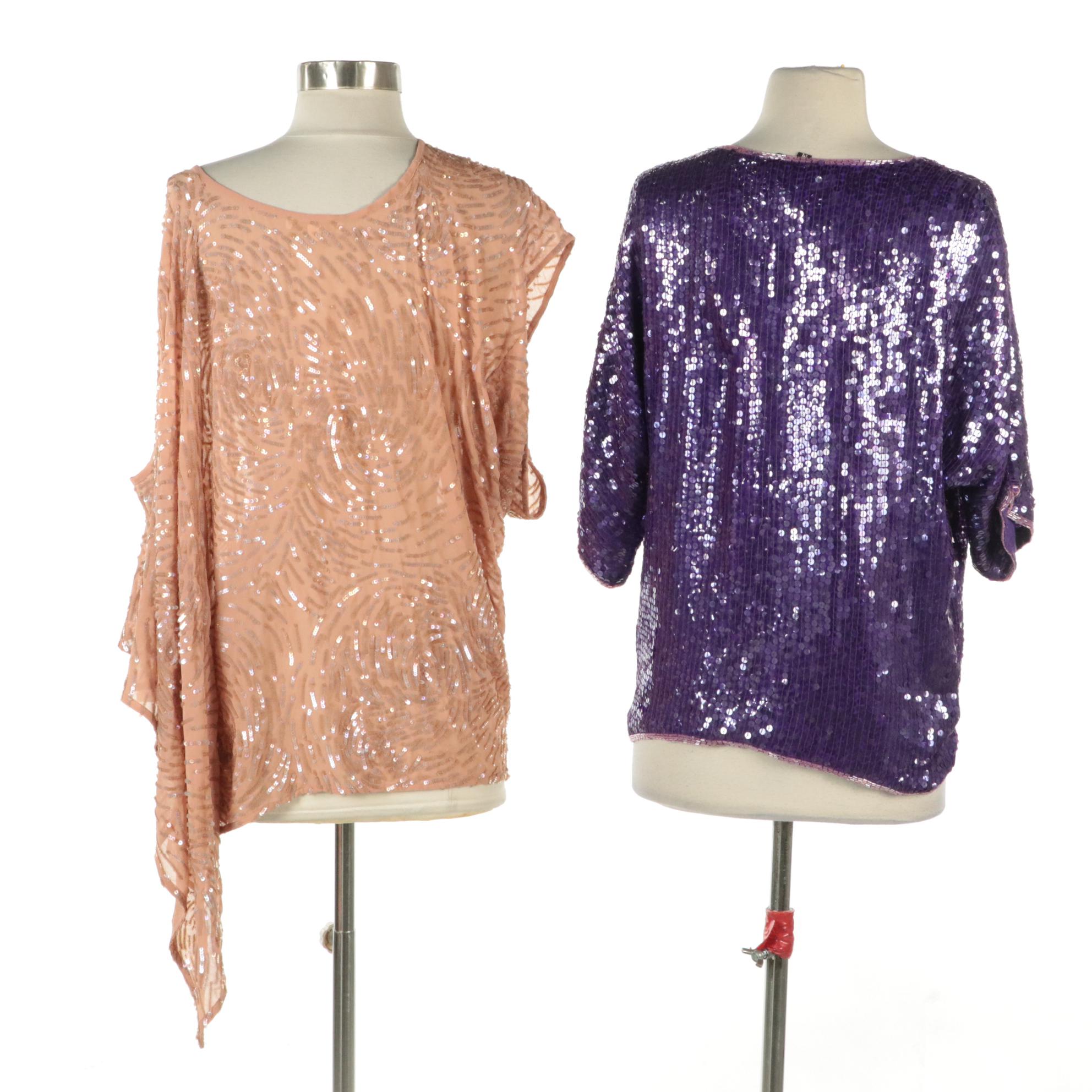 Royal Feelings Bead/Sequin Silk Top and Gold Hawk Asymmetrical Draped Sequin Top
