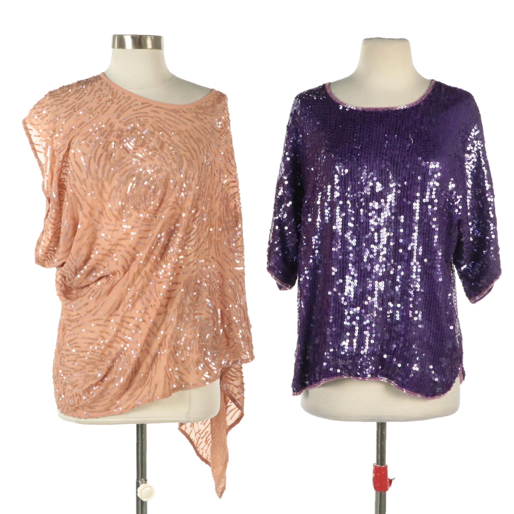 Royal Feelings Bead/Sequin Silk Top and Gold Hawk Asymmetrical Draped Sequin Top
