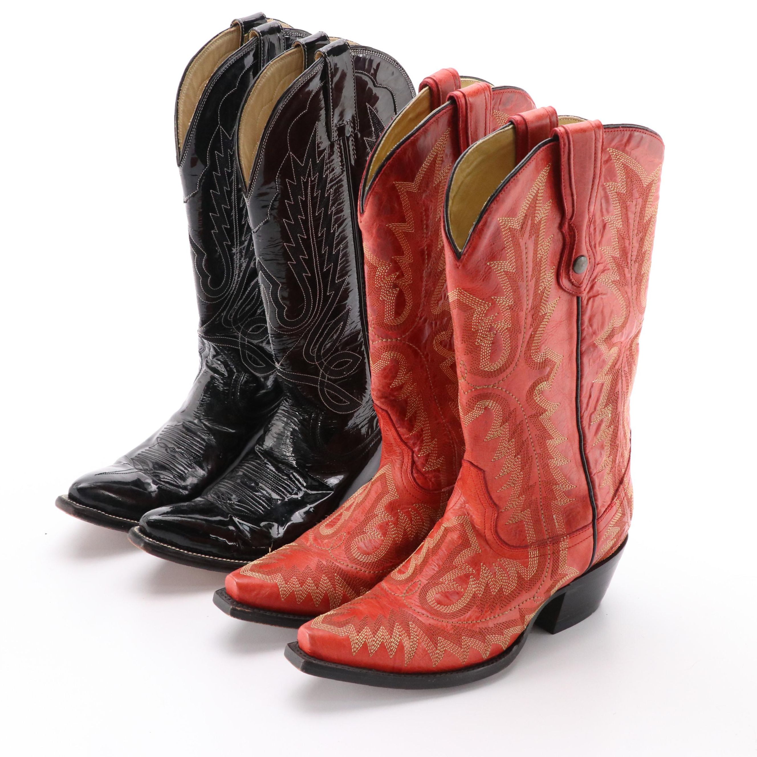 Leddy Vaquero and Corral Cowgirl Boots in Black Patent and Red Leather