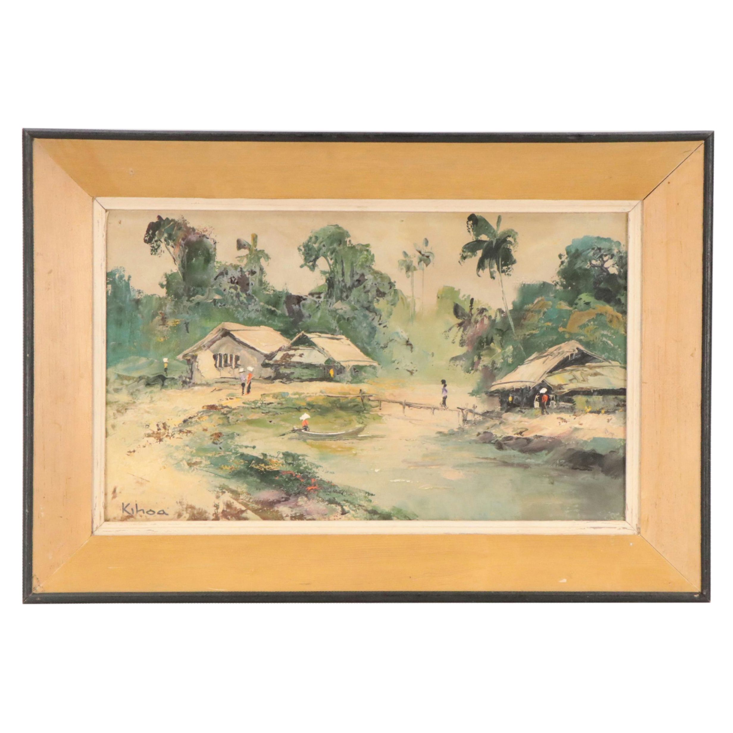Kihoa Impressionist Style Oil Painting of a Village, Mid-20th Century