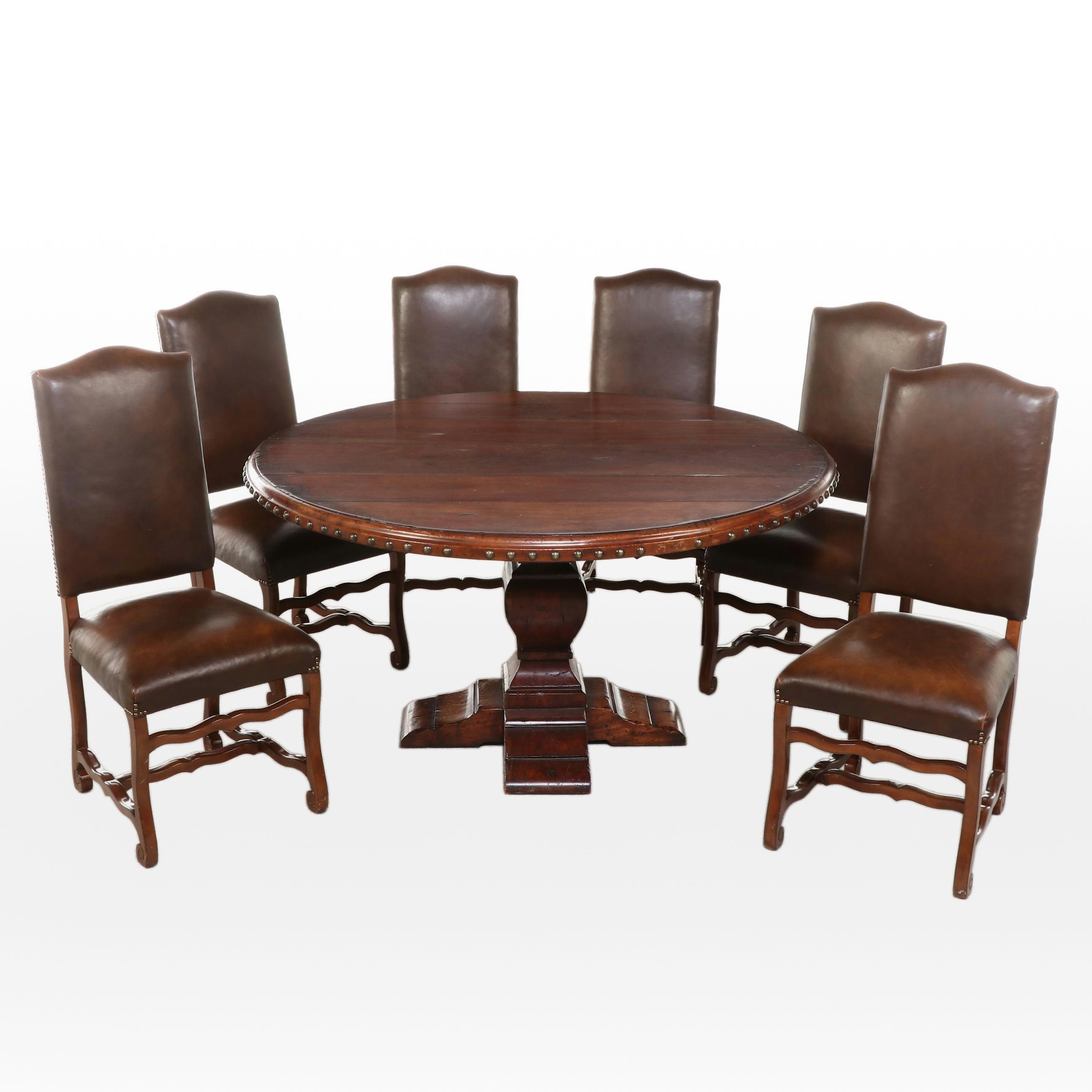 Spanish Baroque Style Walnut Pedestal Table and Six Leather Upholstered Chairs
