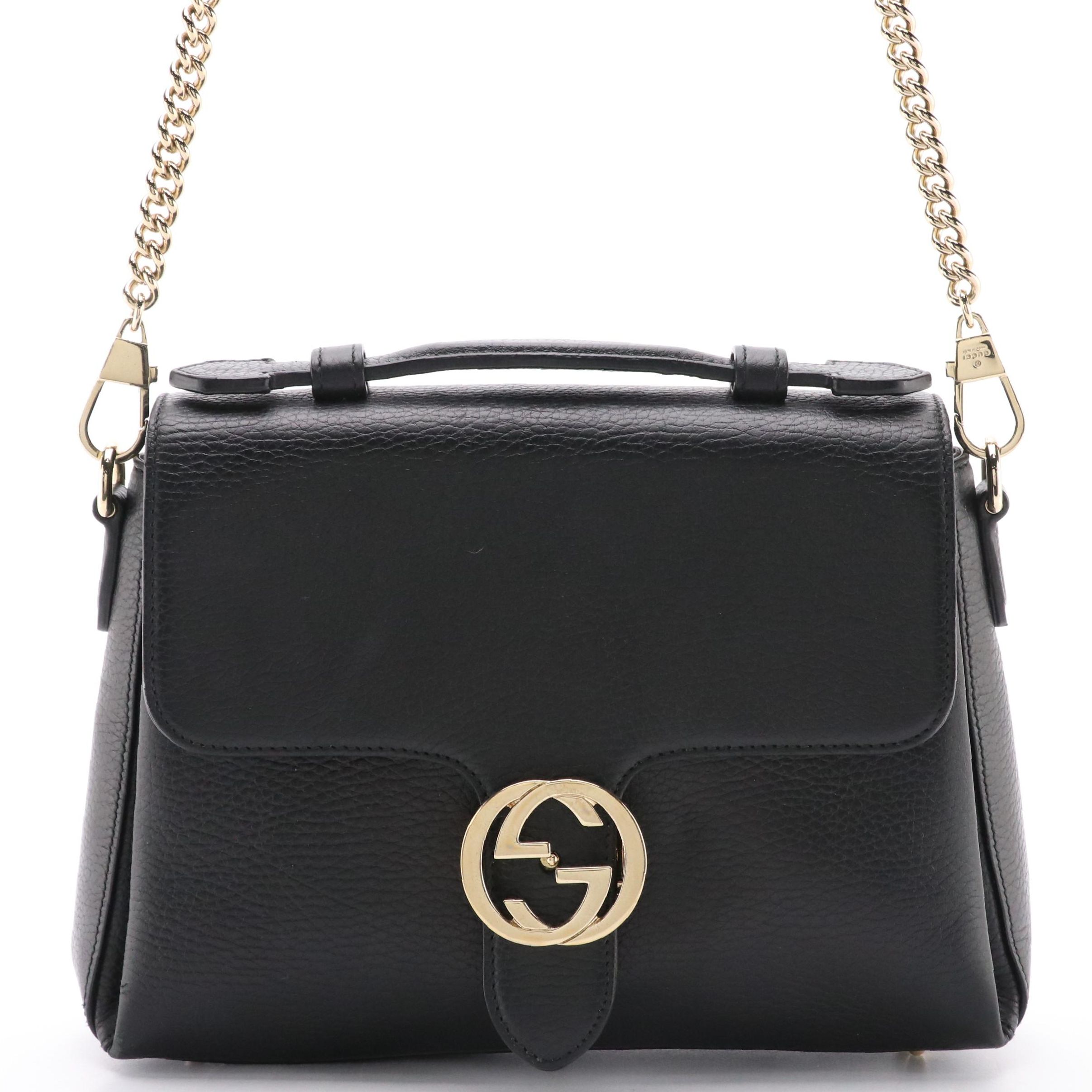 Gucci Black Grain Leather Front-Flap Bag with Detachable Chain Strap