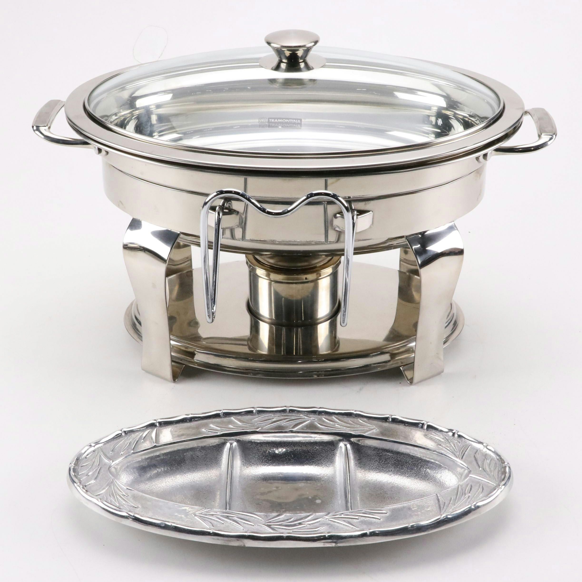 Tramontina Proline Stainless Steel Oval Chafing Dish with Metal 3-Part Relish