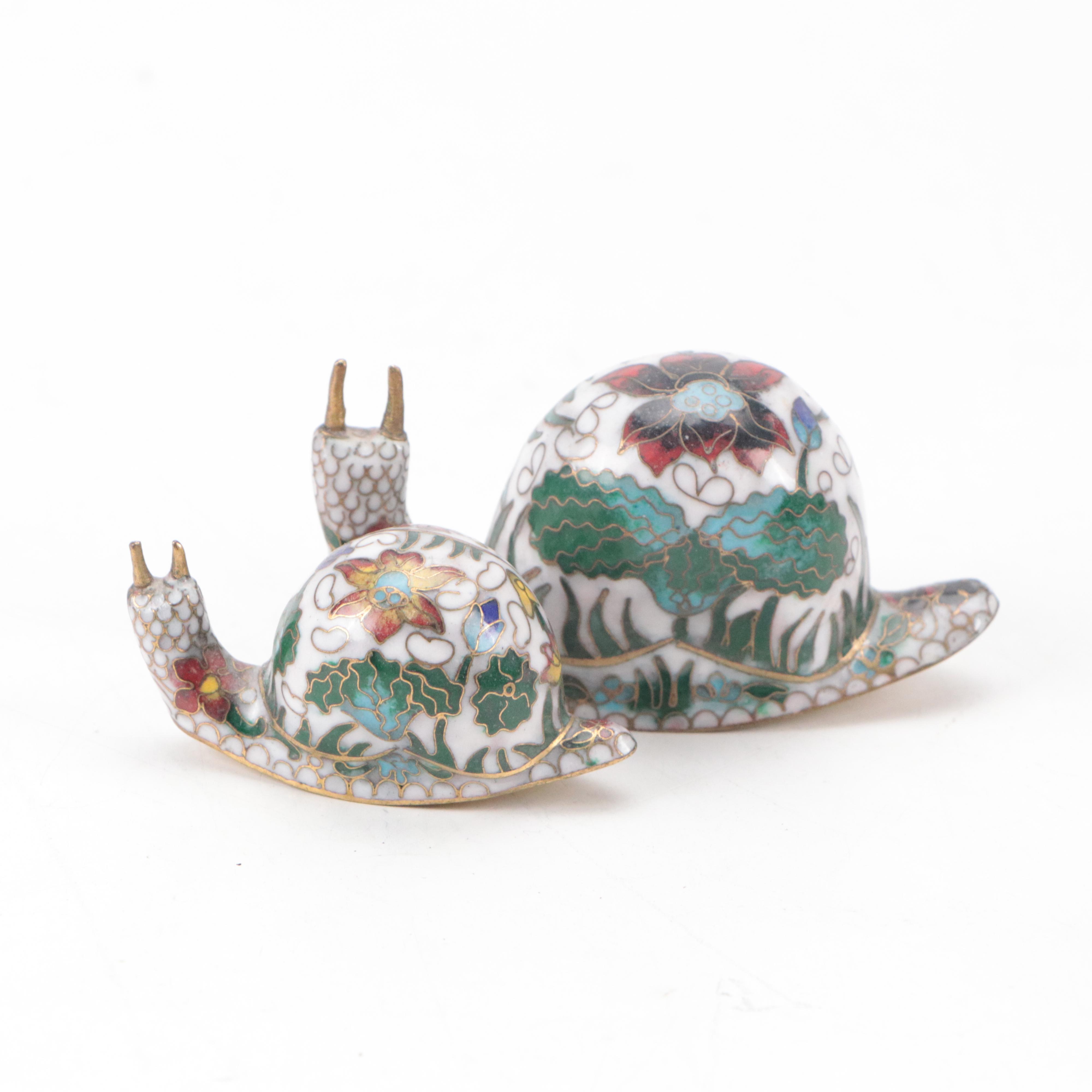 Chinese Cloisonne Snails, Lidded Box and Bell with Porcelain Plate and More