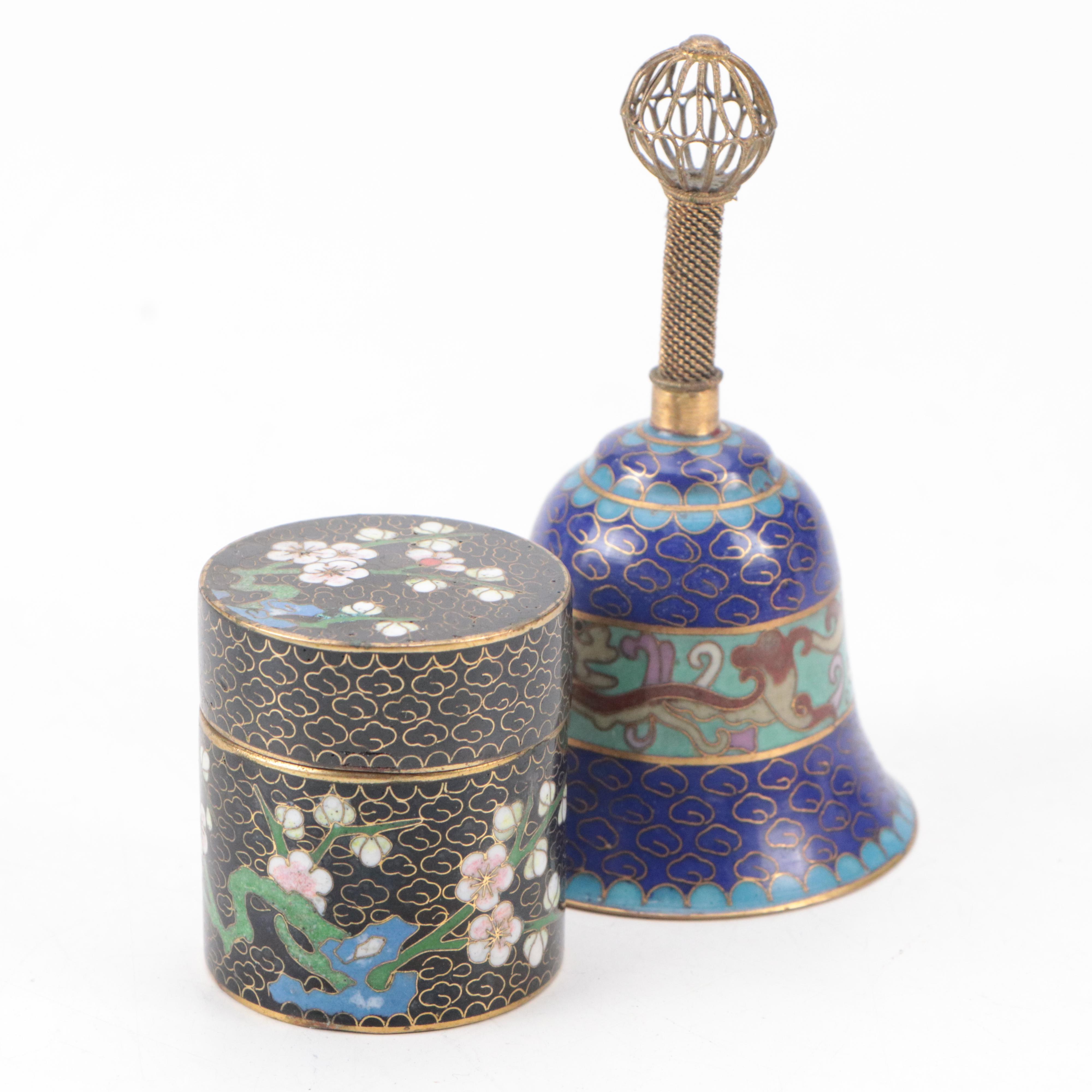 Chinese Cloisonne Snails, Lidded Box and Bell with Porcelain Plate and More