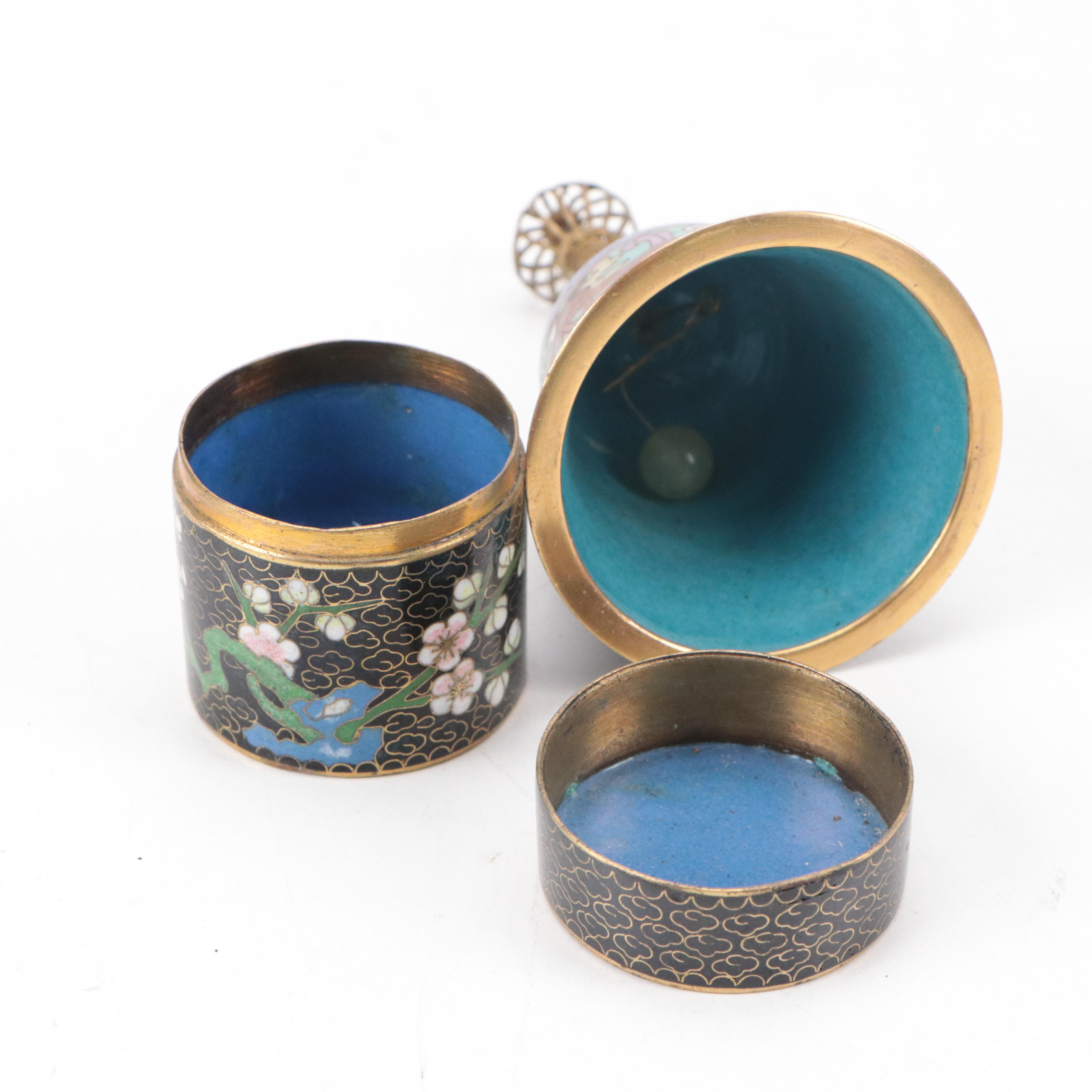 Chinese Cloisonne Snails, Lidded Box and Bell with Porcelain Plate and More