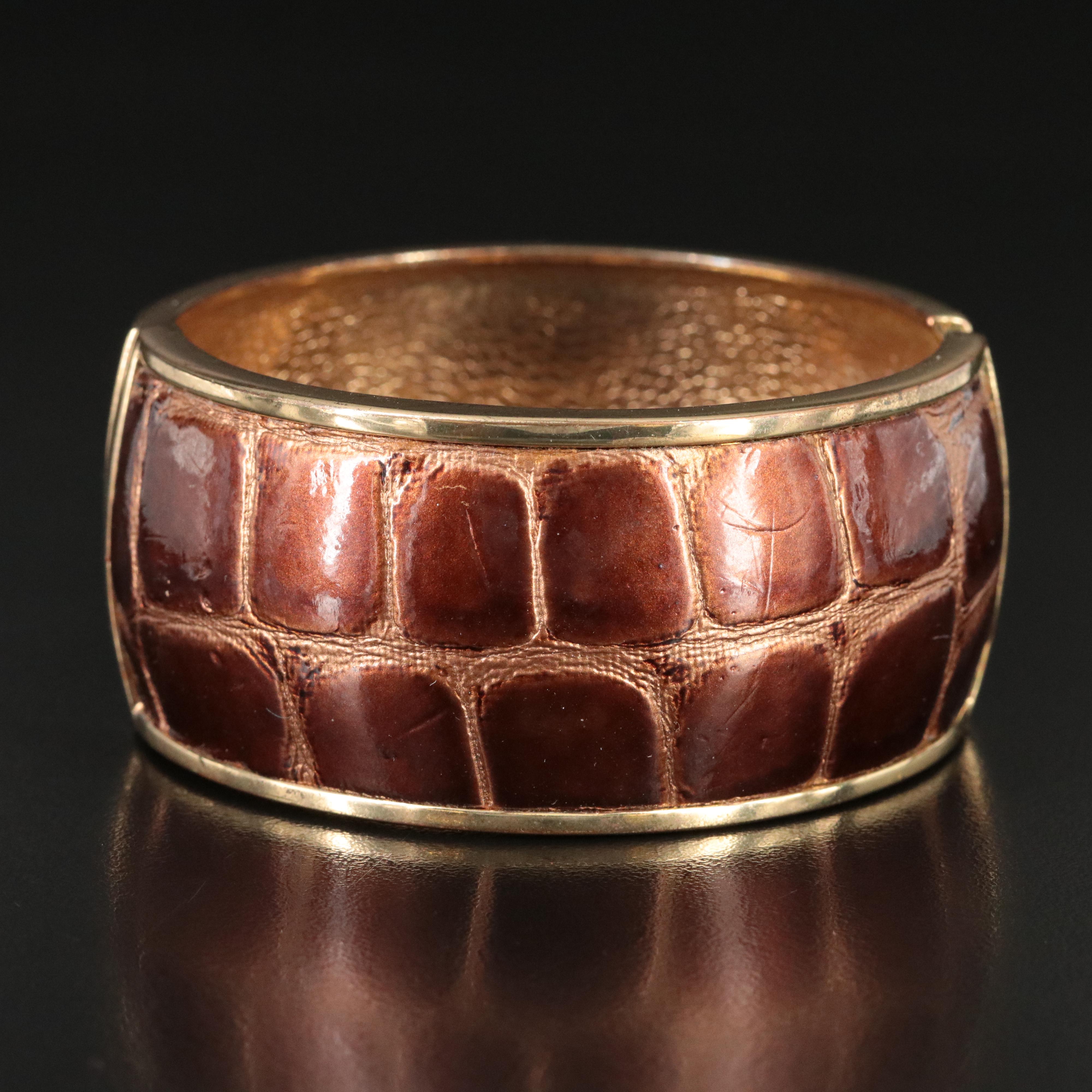Wide Hinged Cuff with Faux Leather Inlay