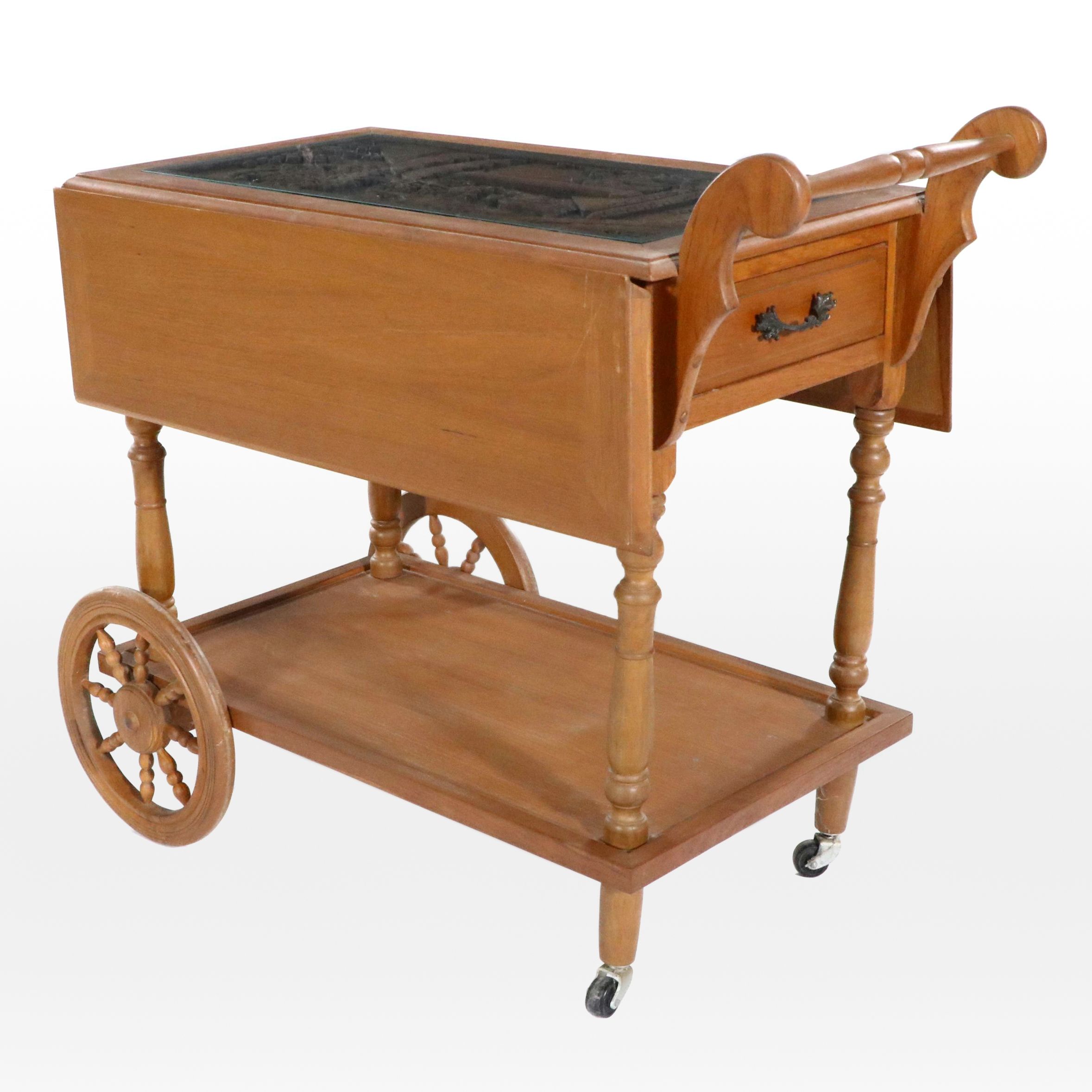 Carved Maple Drop Leaf Tea Cart, Mid to Late 20th Century
