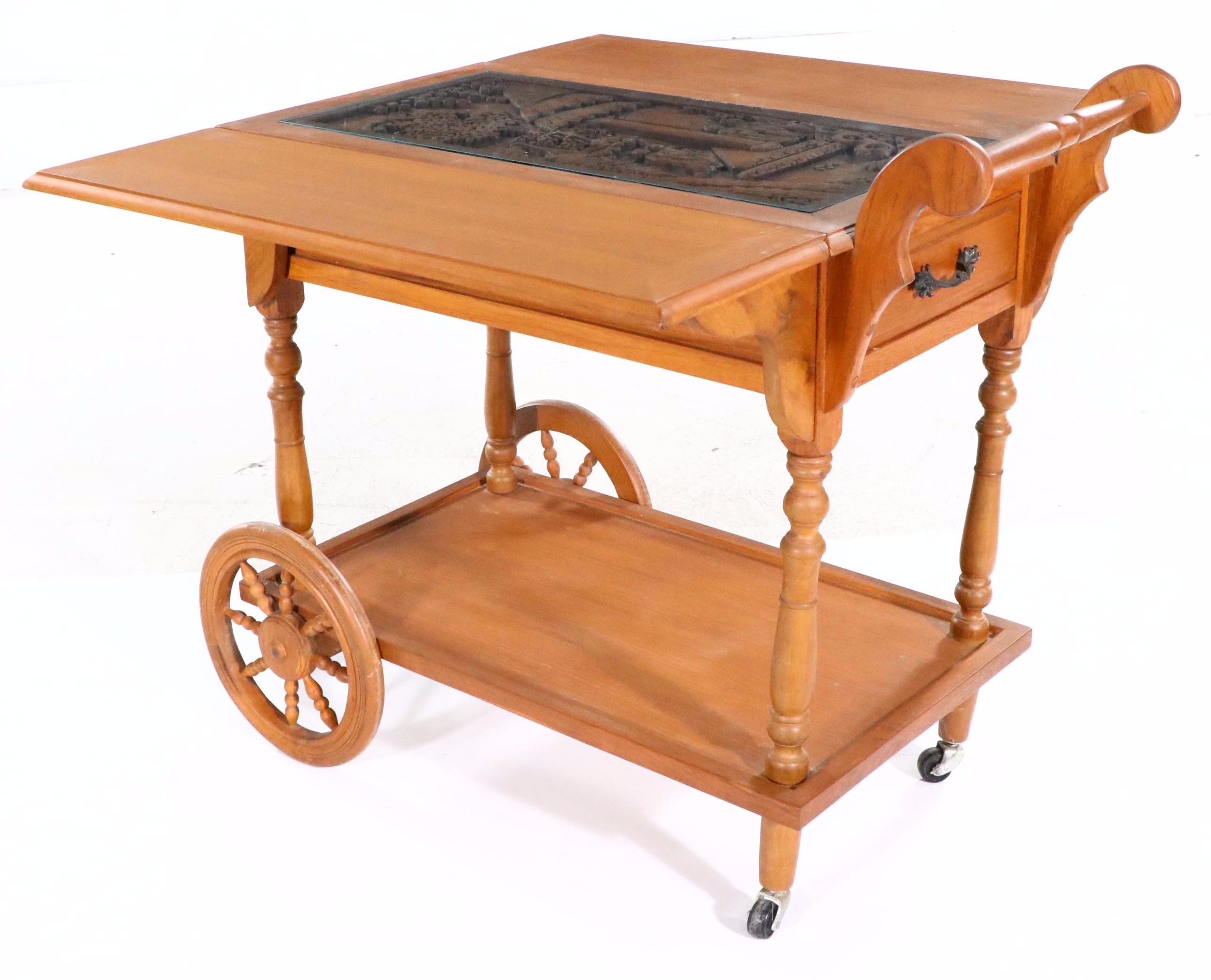 Carved Maple Drop Leaf Tea Cart, Mid to Late 20th Century