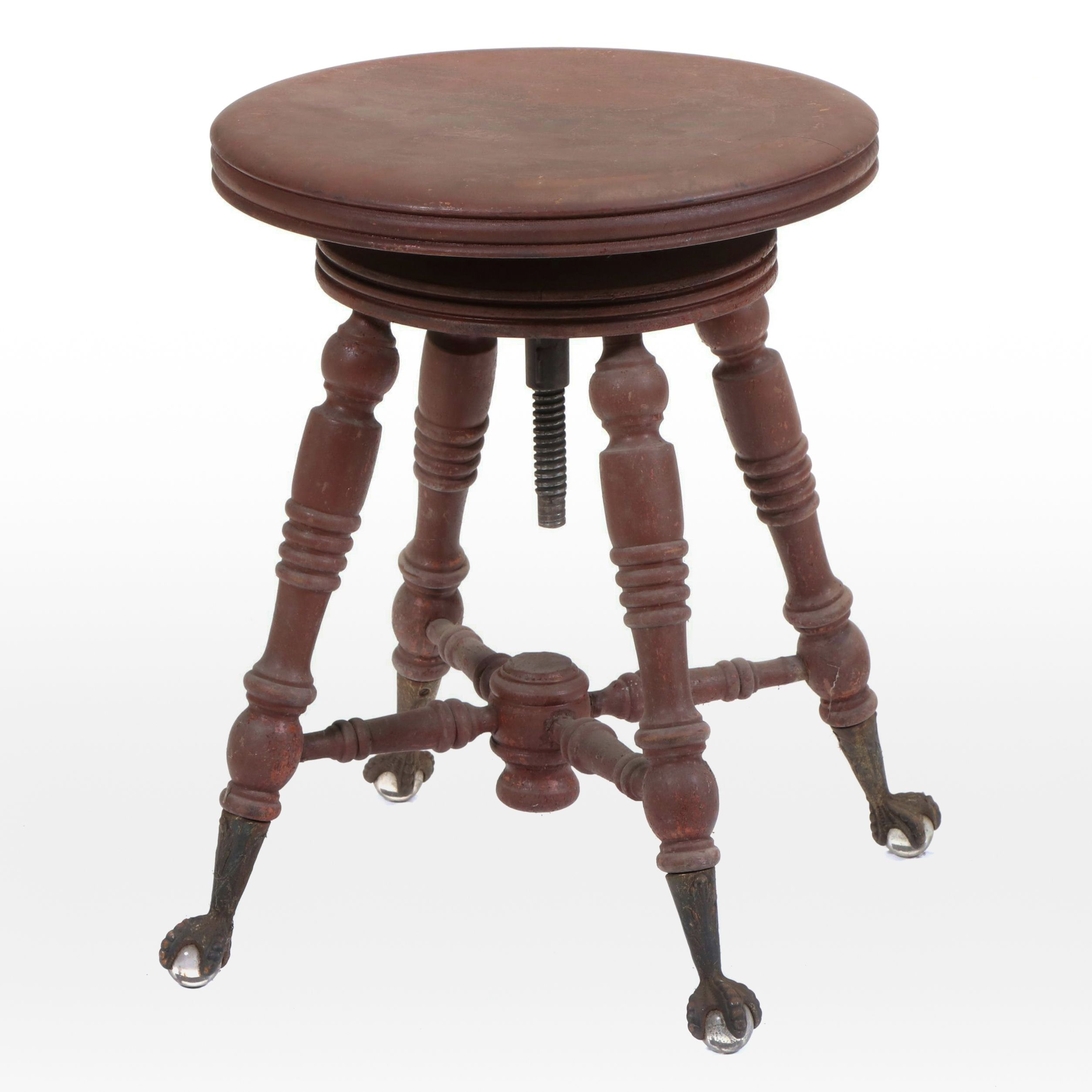 Victorian Painted Wood Adjustable Piano Stool with Ball and Claw Feet