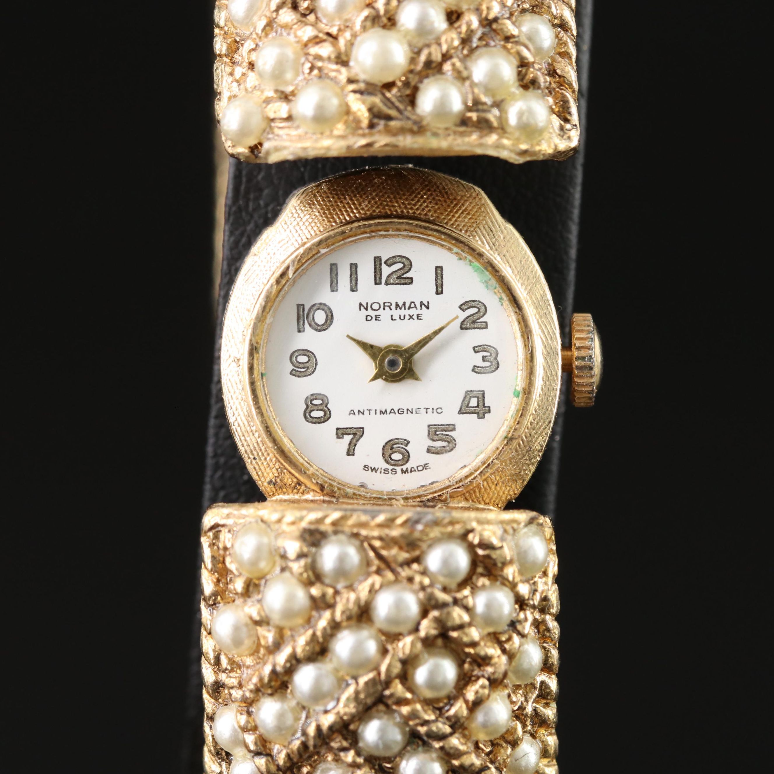 Vintage Norman De Luxe Hidden Dial Watch Bangle with Faux Pearls