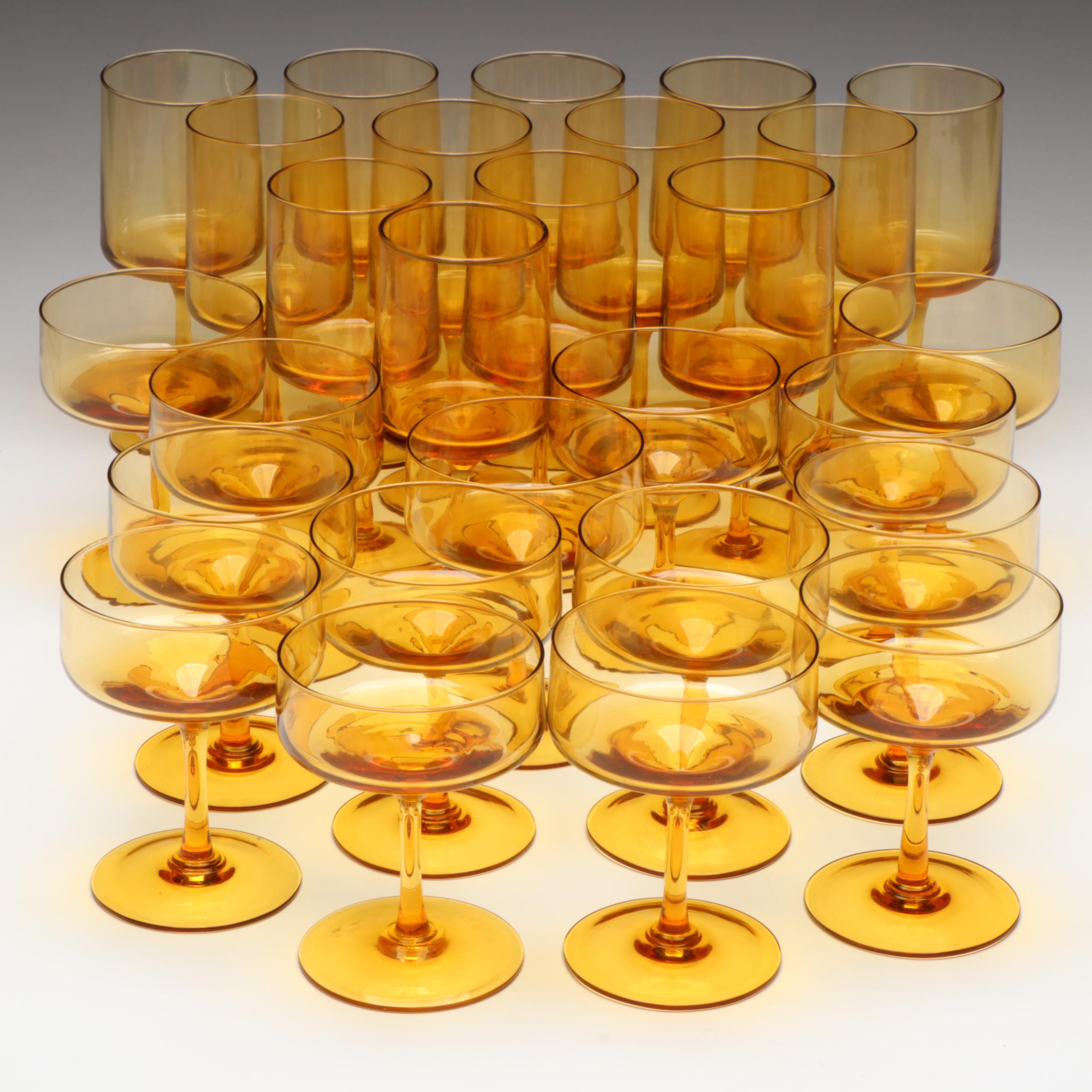 Peedee Style Amber Glass Champagne Coupes and Water Goblets, Mid to Late 20th C.