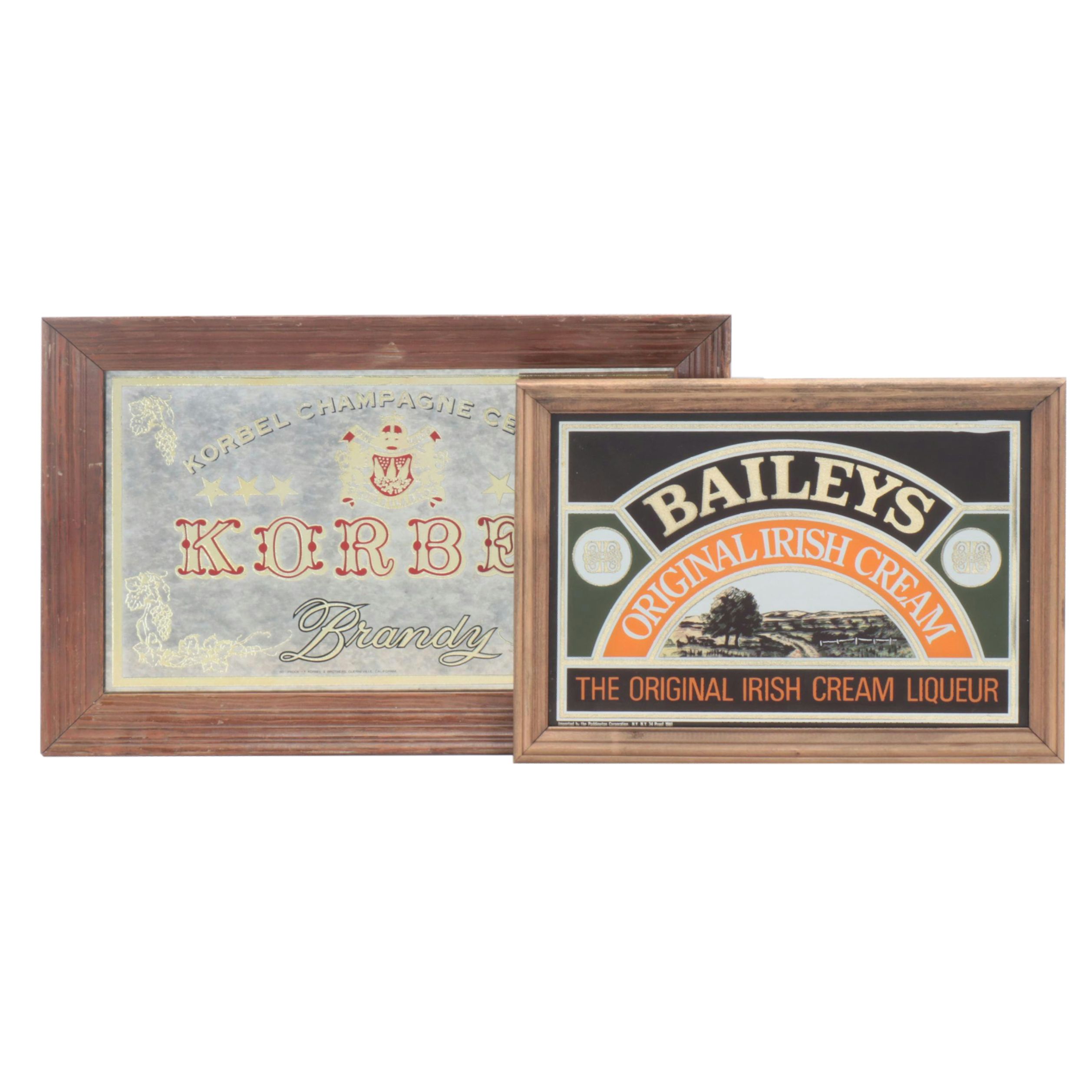 Korbel Brandy and Baileys Liqueur Mirrored Advertising Signs, Late 20th Century