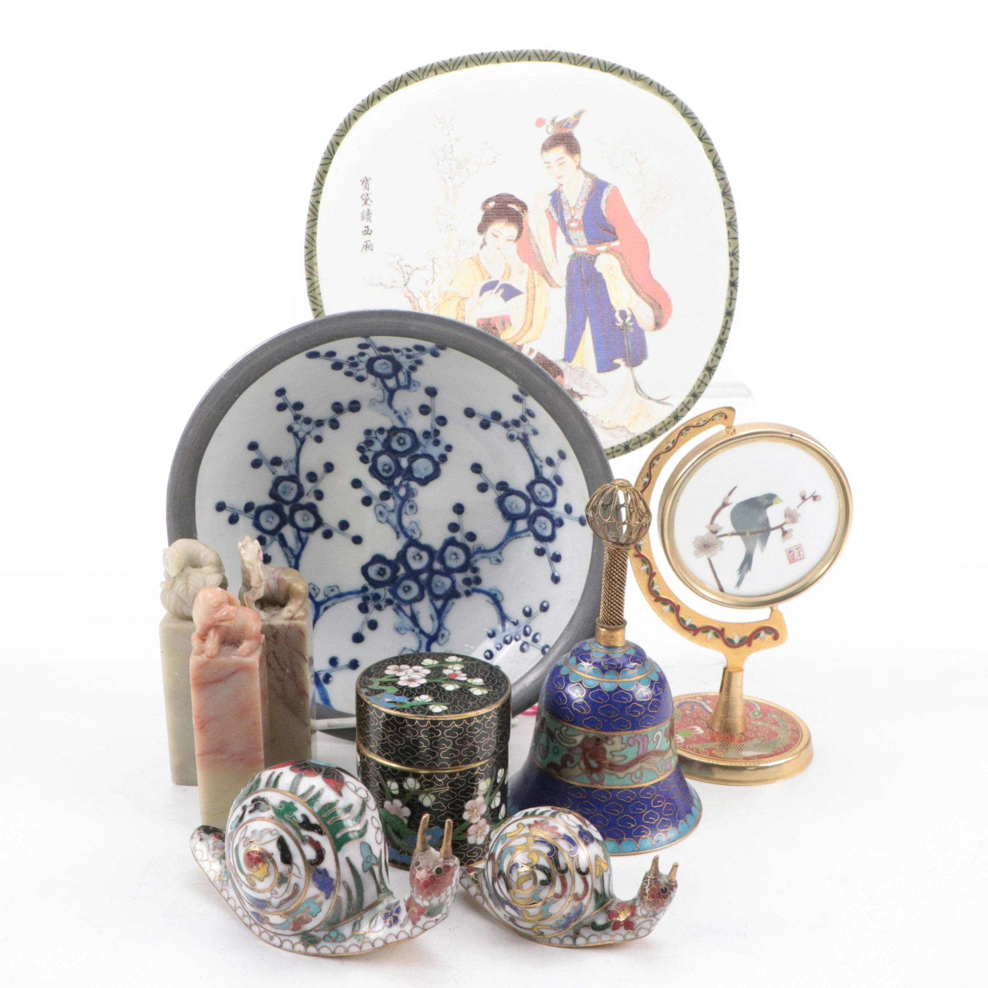 Chinese Cloisonne Snails, Lidded Box and Bell with Porcelain Plate and More