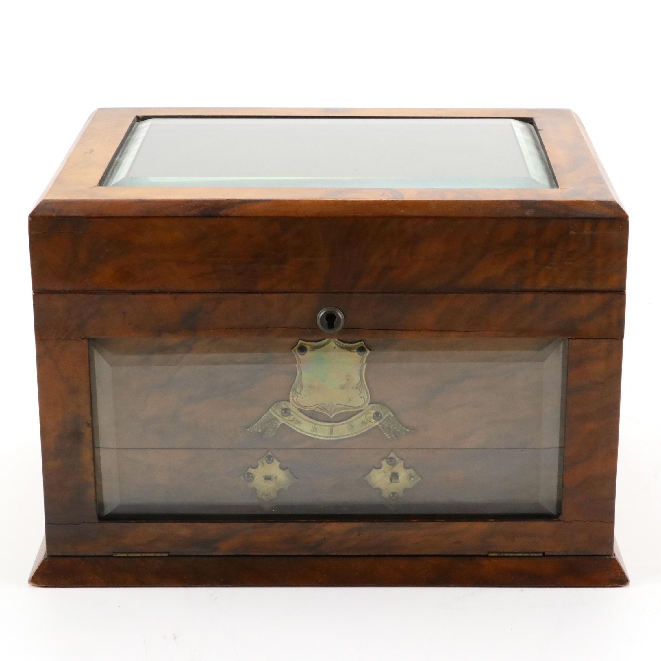English Walnut and Glass Front Jewelry and Vanity Casket, Mid to Late 19th C.
