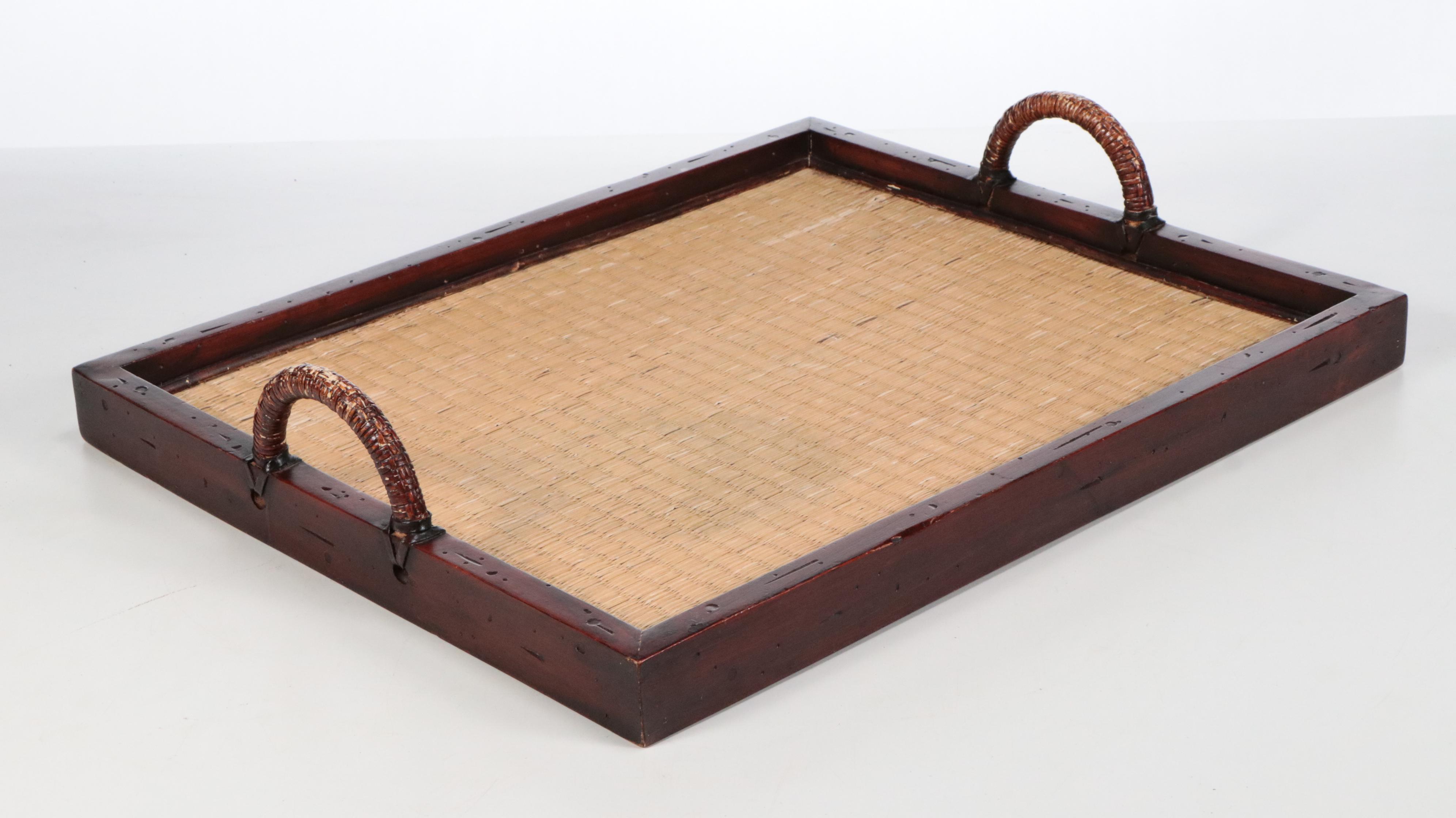 Woven Reed Surfaced Wood Tray and Wood Baluster Table Lamp