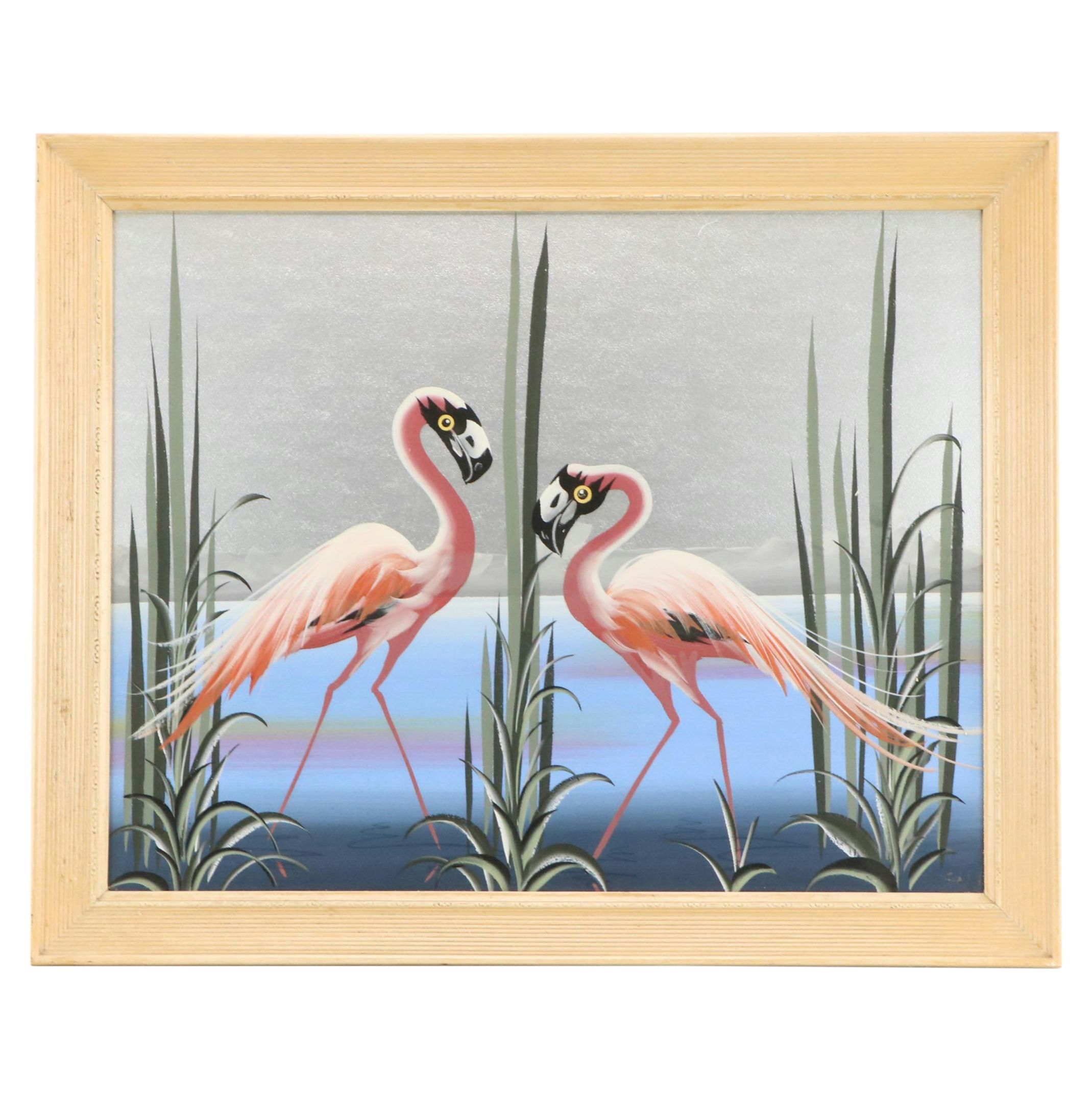 Acrylic Painting of Flamingoes, Late 20th Century