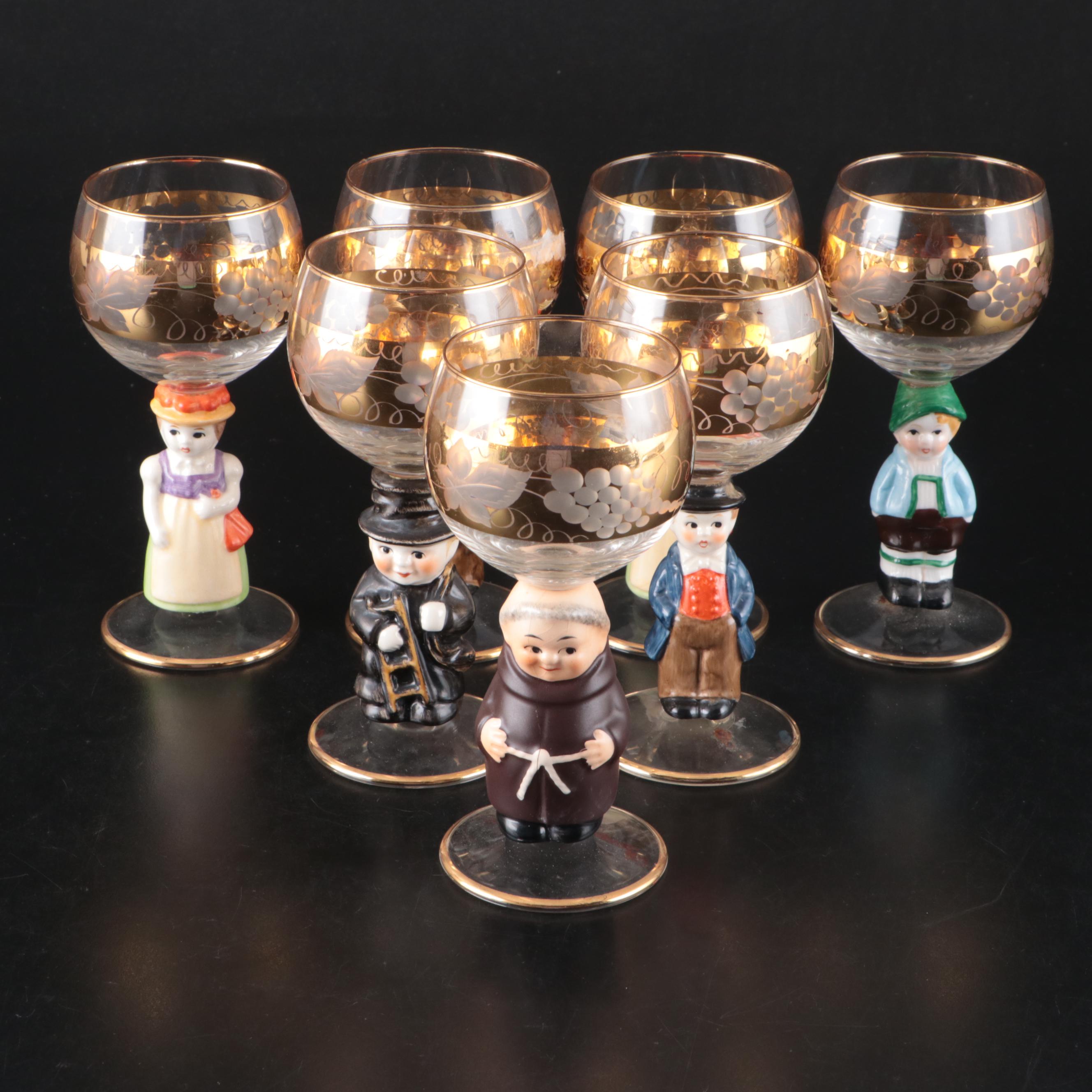 Goebel Roemer Wine Goblets with Hummel Style Ceramic Stems