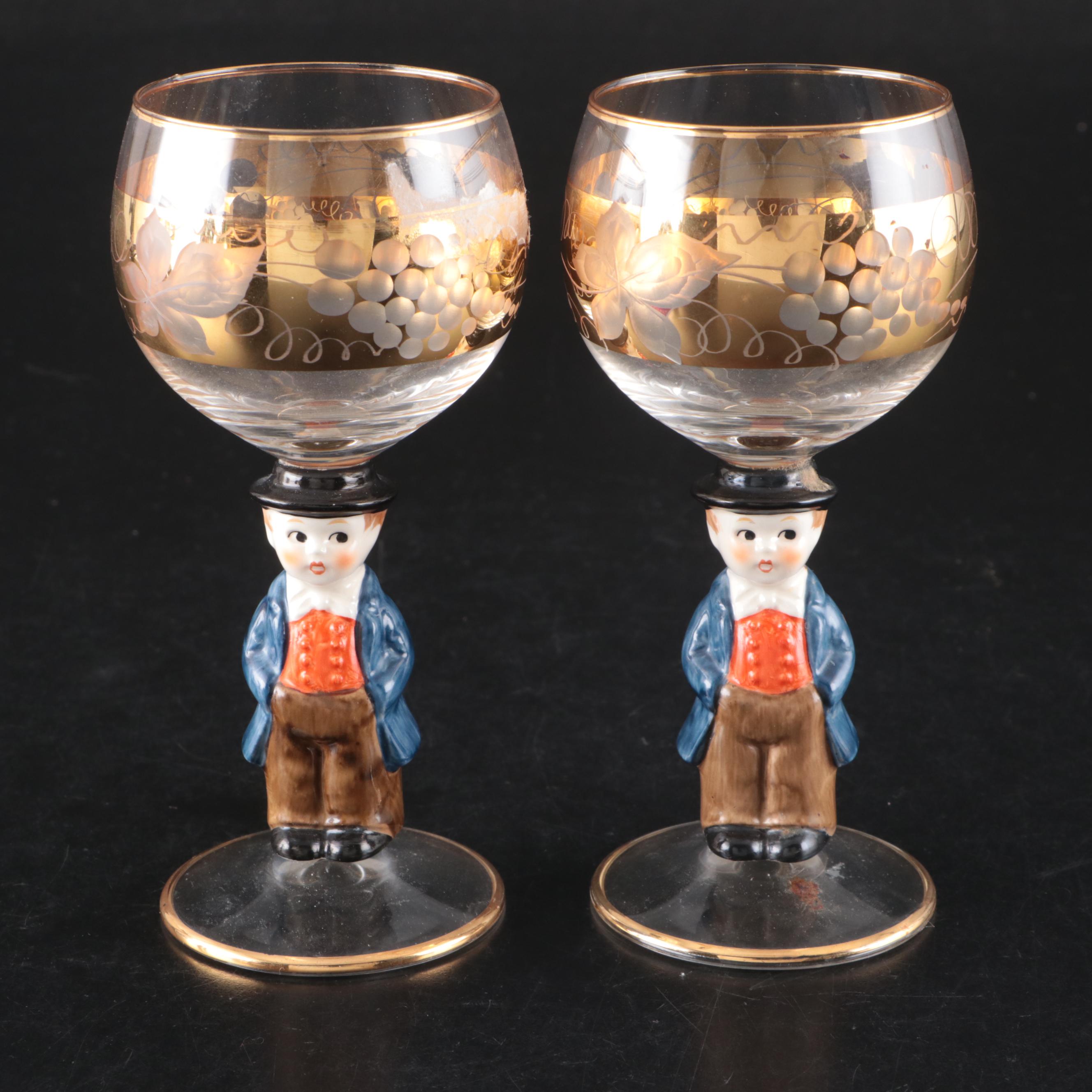 Goebel Roemer Wine Goblets with Hummel Style Ceramic Stems