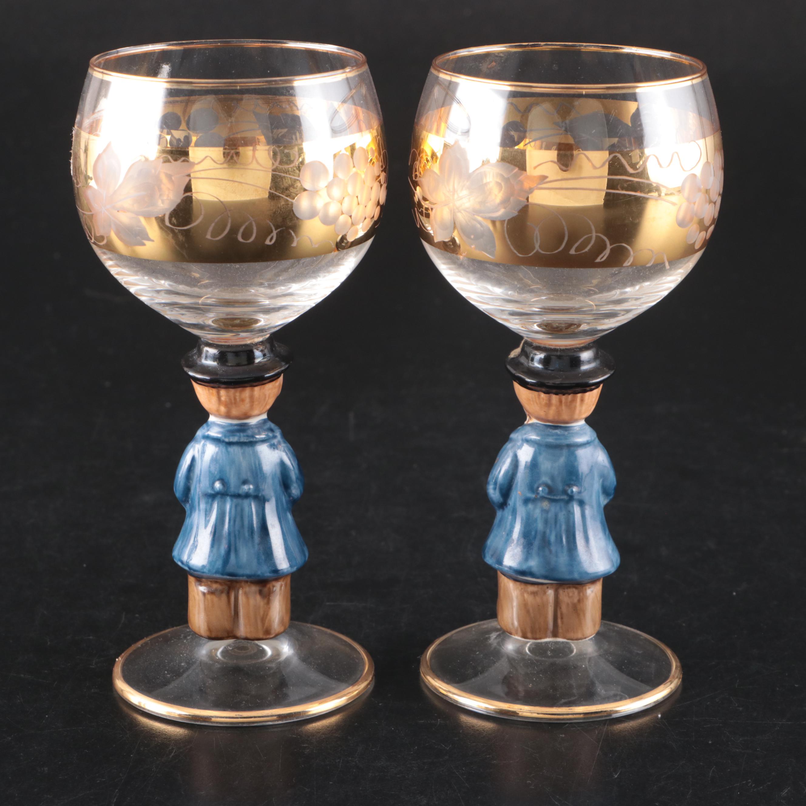 Goebel Roemer Wine Goblets with Hummel Style Ceramic Stems