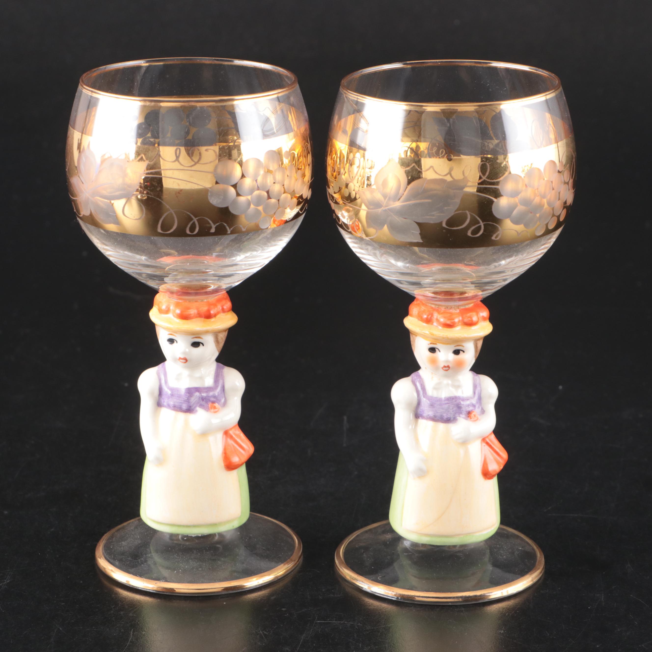Goebel Roemer Wine Goblets with Hummel Style Ceramic Stems
