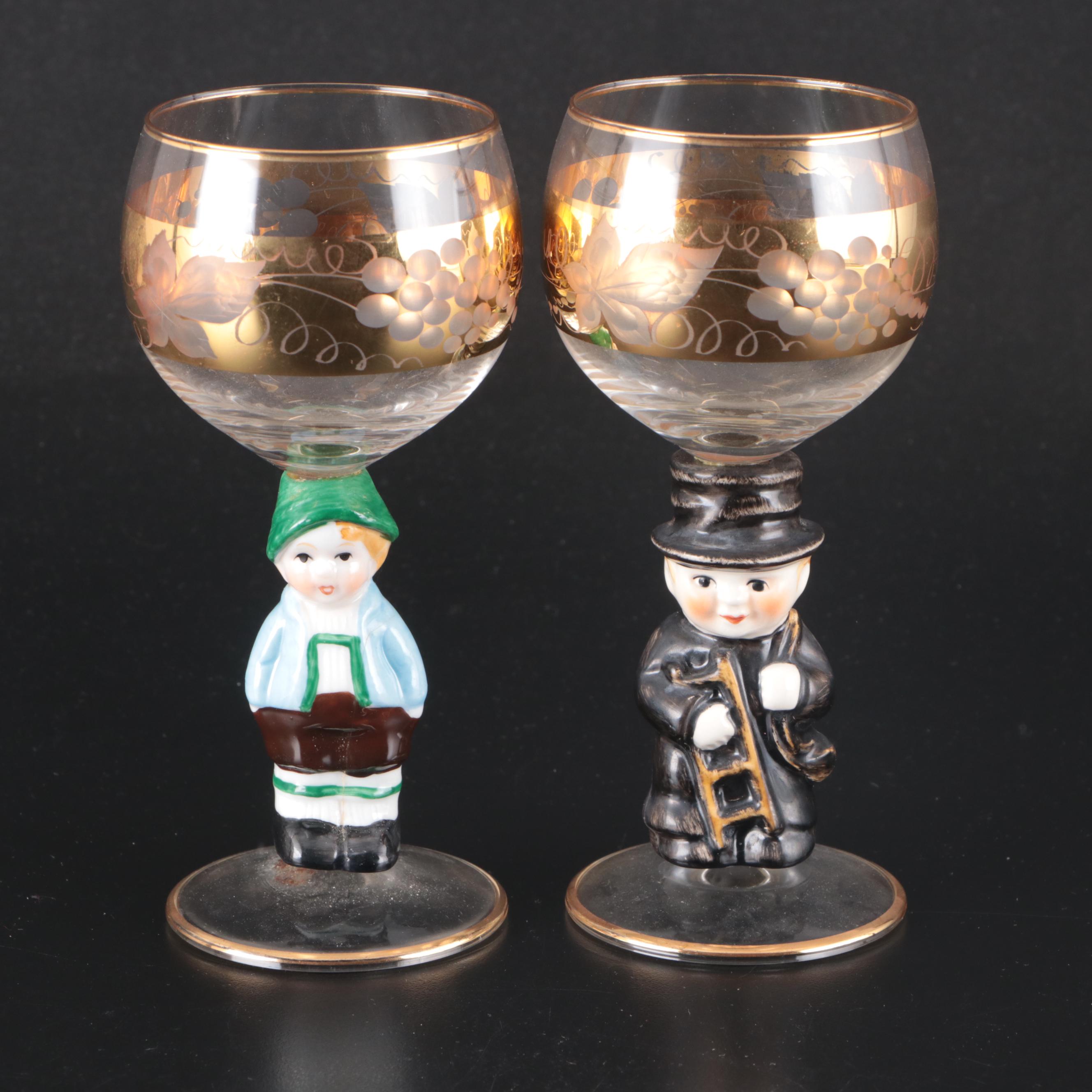 Goebel Roemer Wine Goblets with Hummel Style Ceramic Stems
