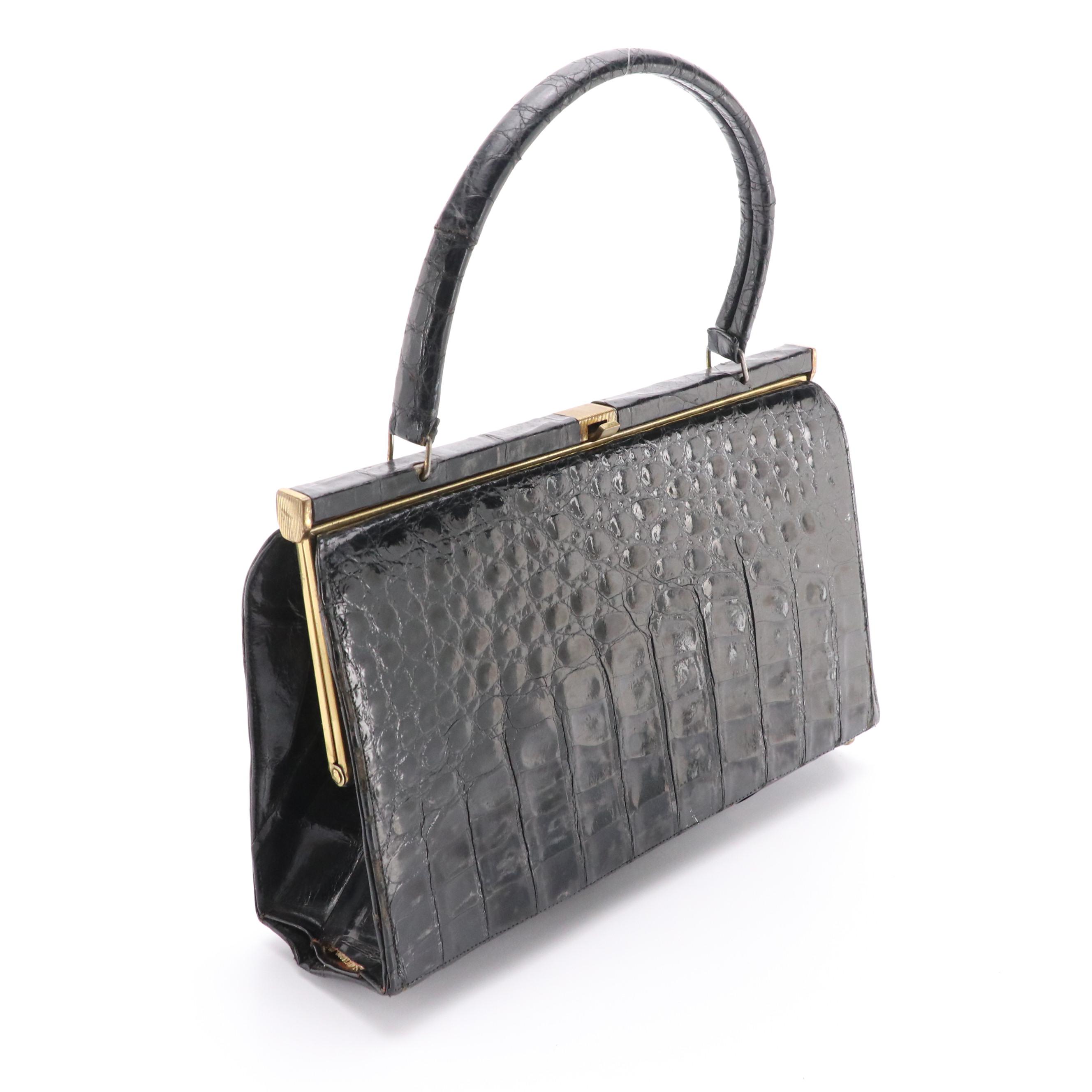 Bellestone Vintage Black Crocodile Skin Top Handle Frame Bag