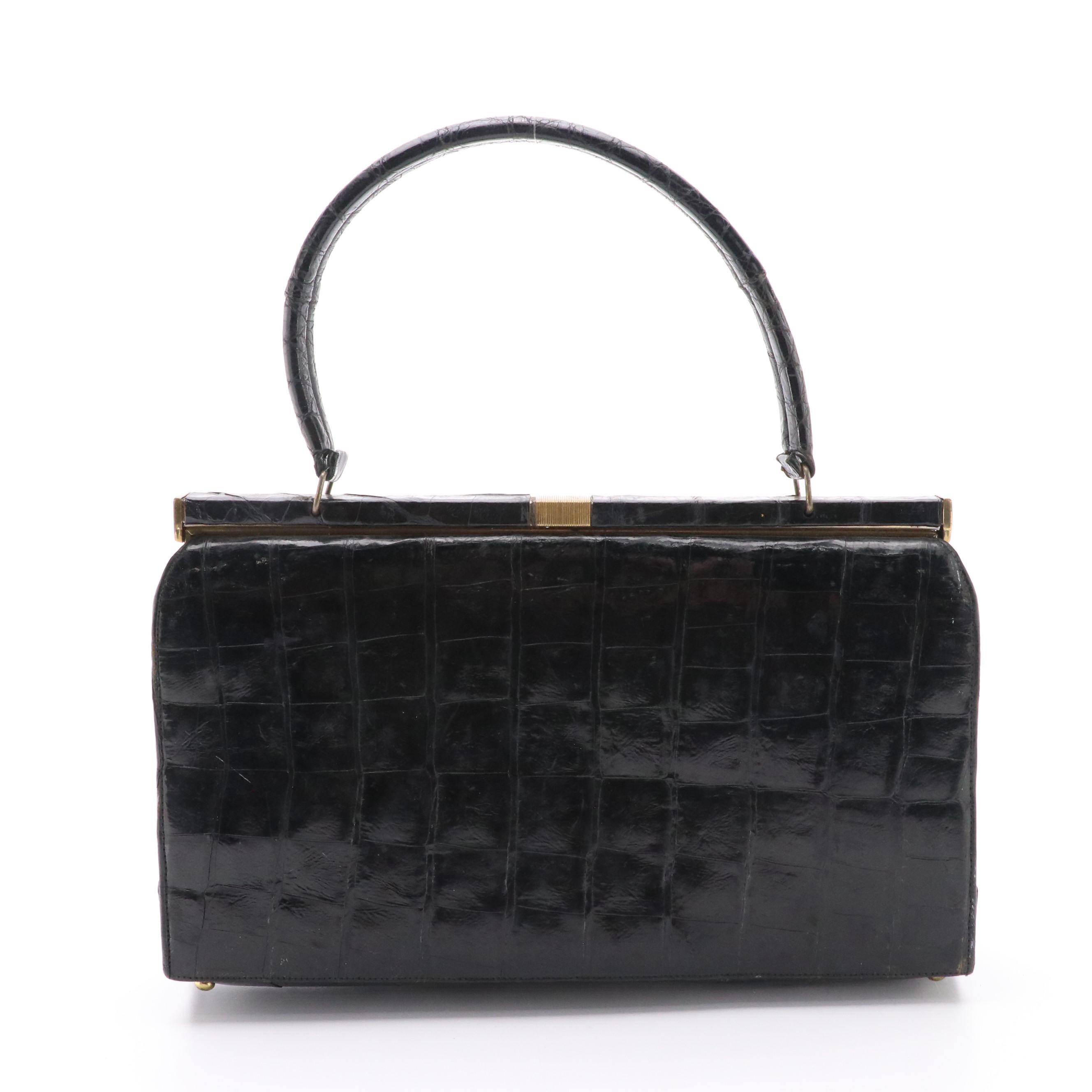 Bellestone Vintage Black Crocodile Skin Top Handle Frame Bag