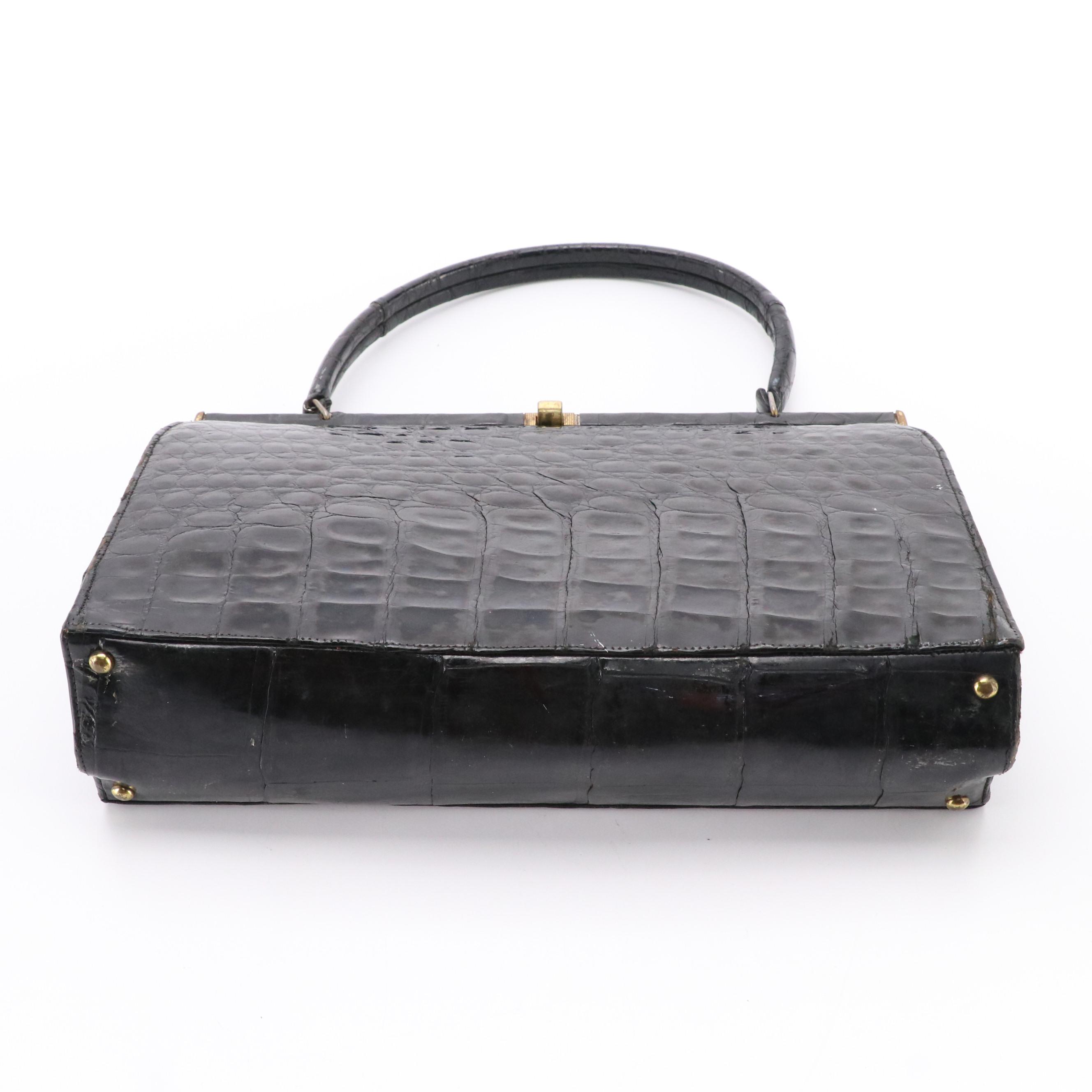 Bellestone Vintage Black Crocodile Skin Top Handle Frame Bag
