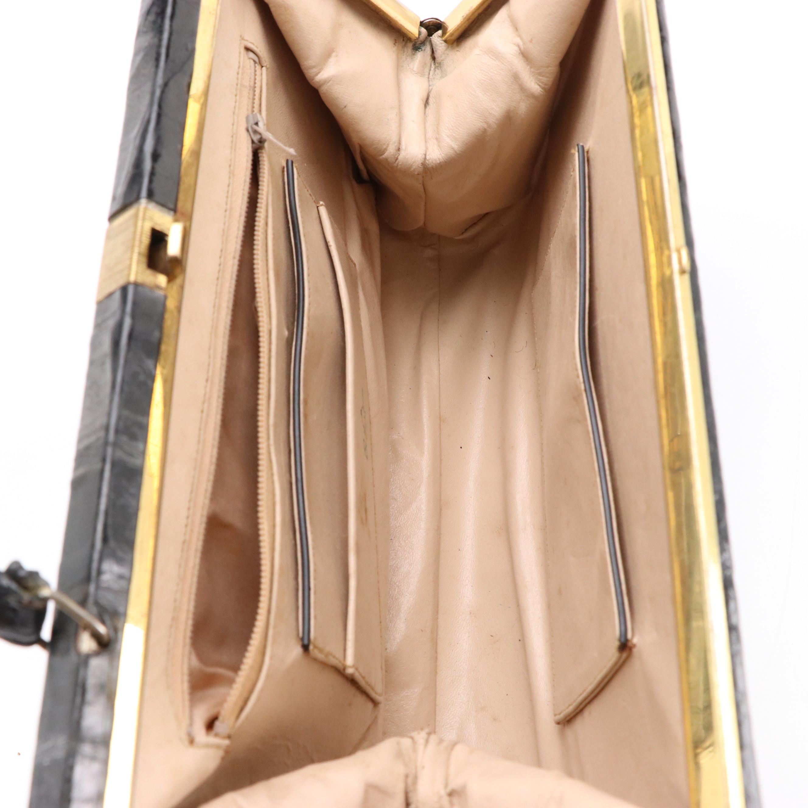 Bellestone Vintage Black Crocodile Skin Top Handle Frame Bag