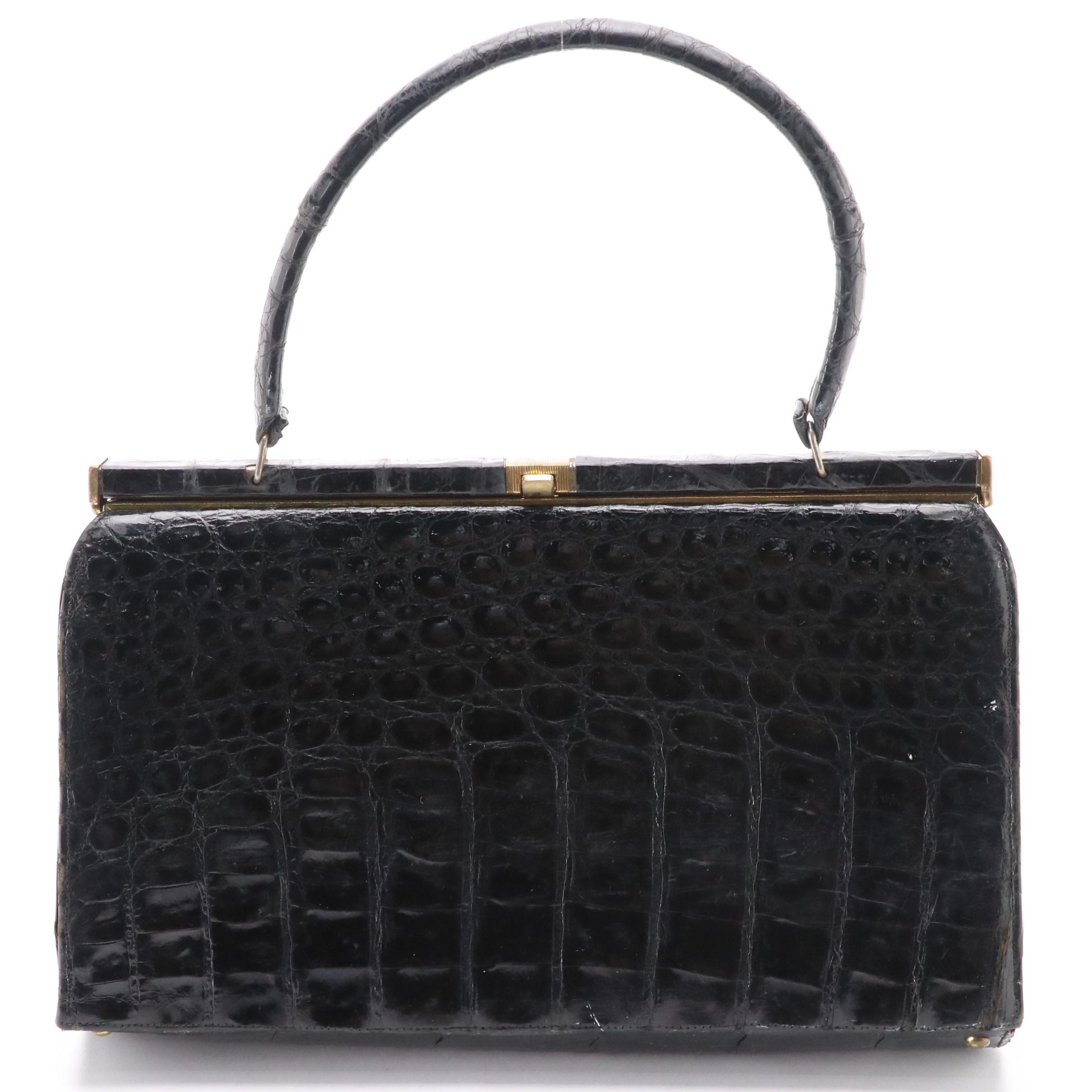 Bellestone Vintage Black Crocodile Skin Top Handle Frame Bag