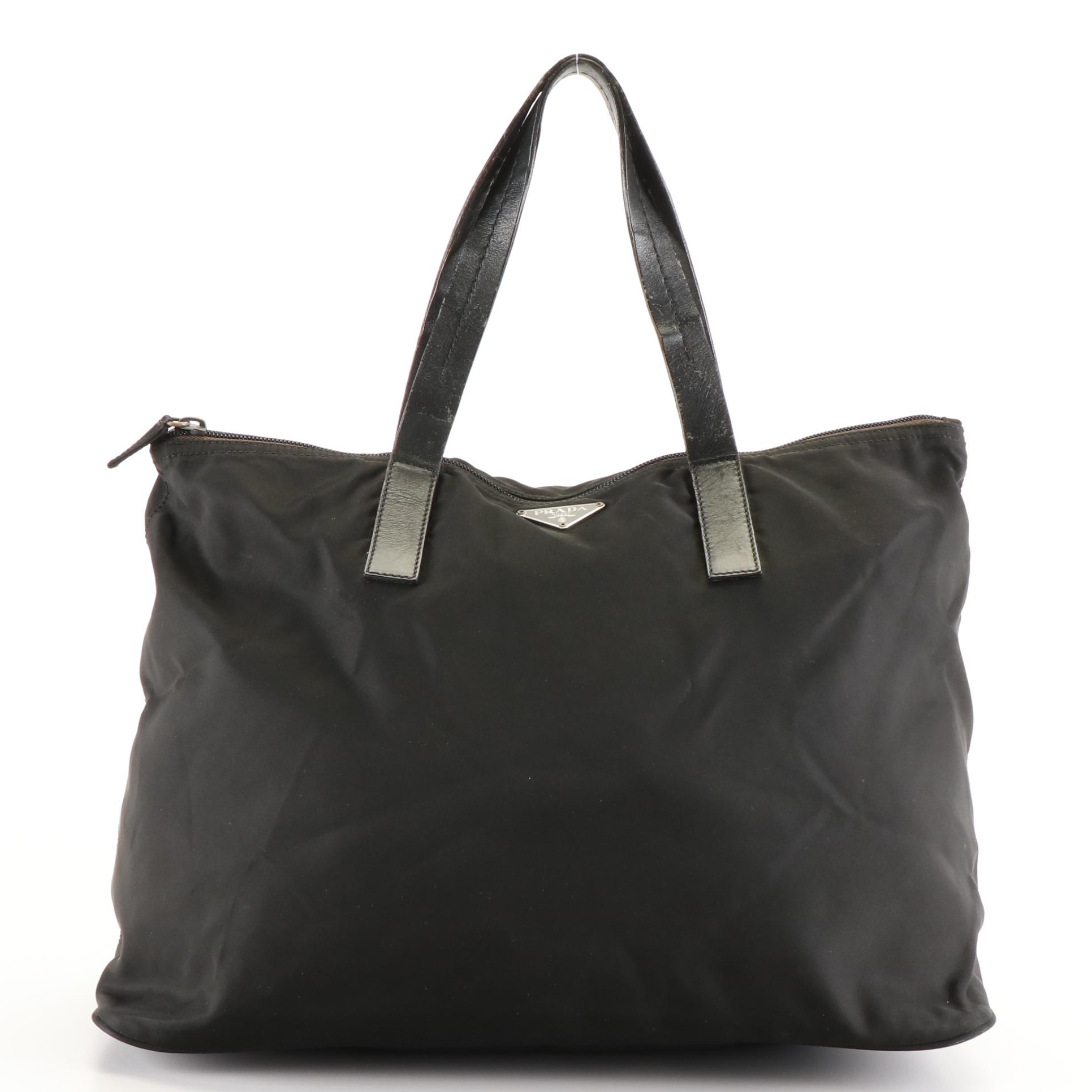 Prada Zippered Tessuto Tote Bag in Black Nylon and Leather Trim