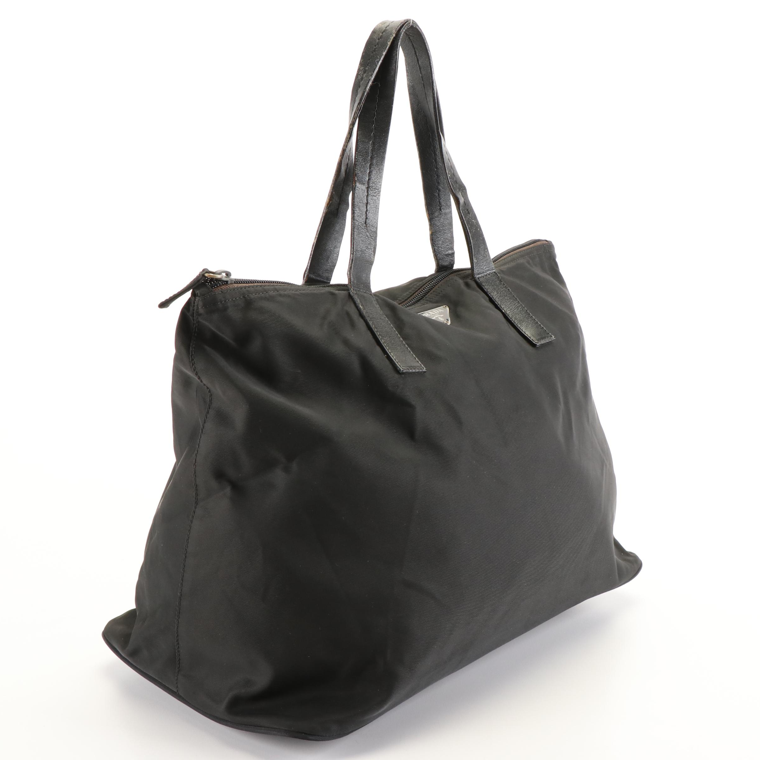 Prada Zippered Tessuto Tote Bag in Black Nylon and Leather Trim
