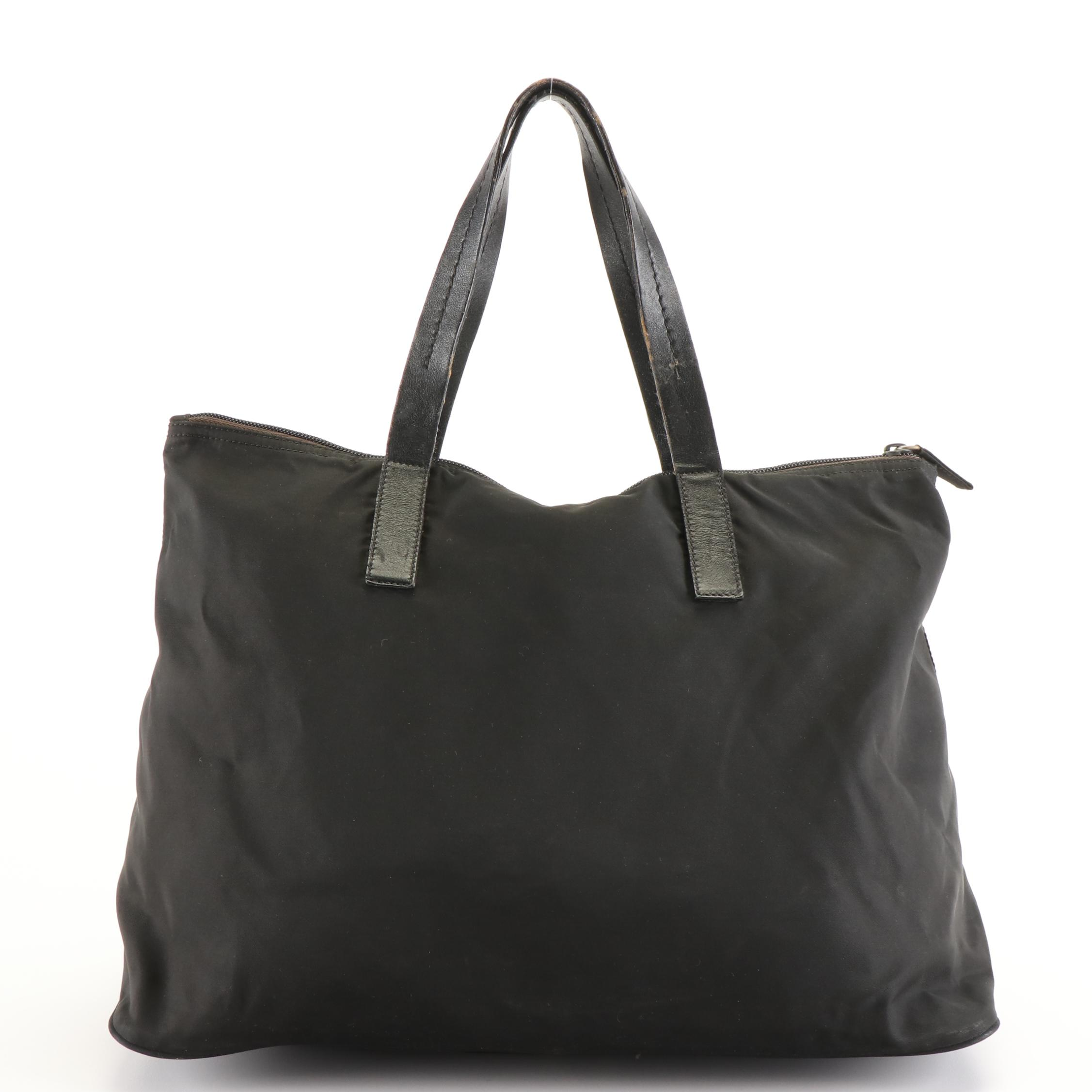 Prada Zippered Tessuto Tote Bag in Black Nylon and Leather Trim