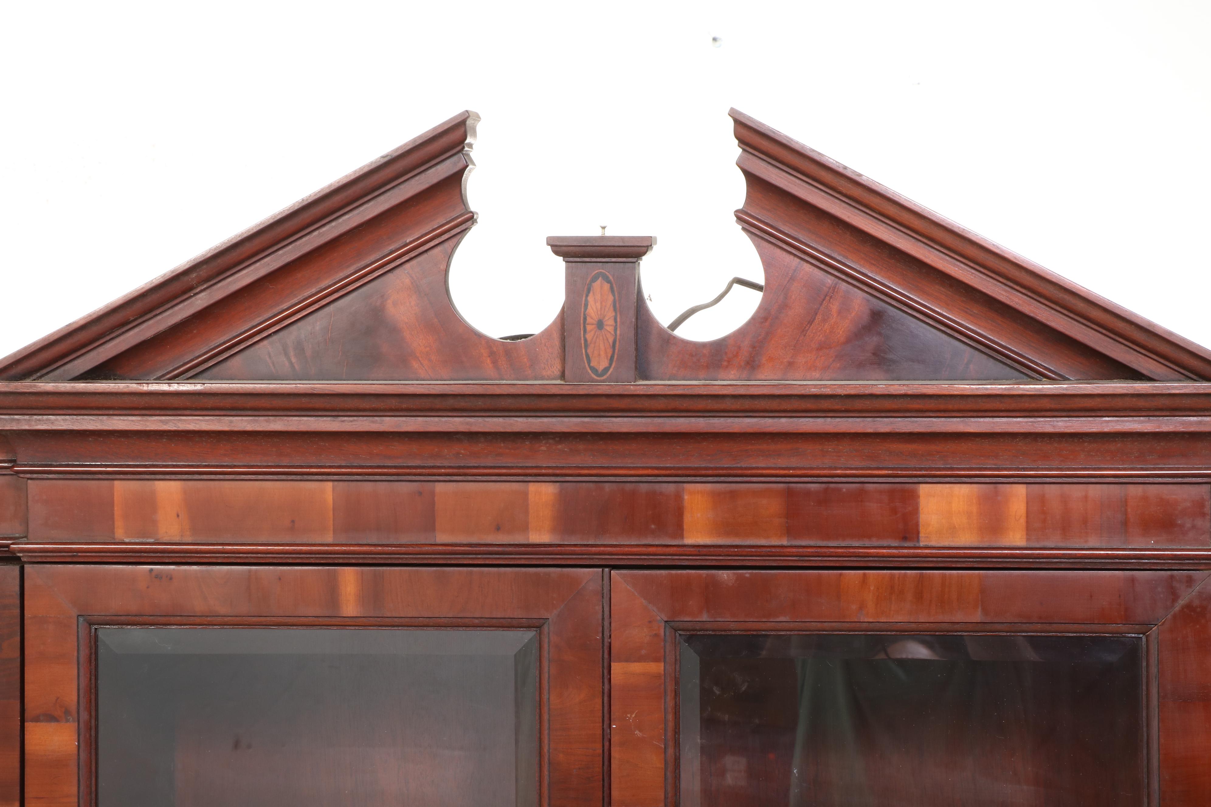 Sheraton Style Mahogany and Burl Wood Breakfront China Cabinet, Late 20th C.
