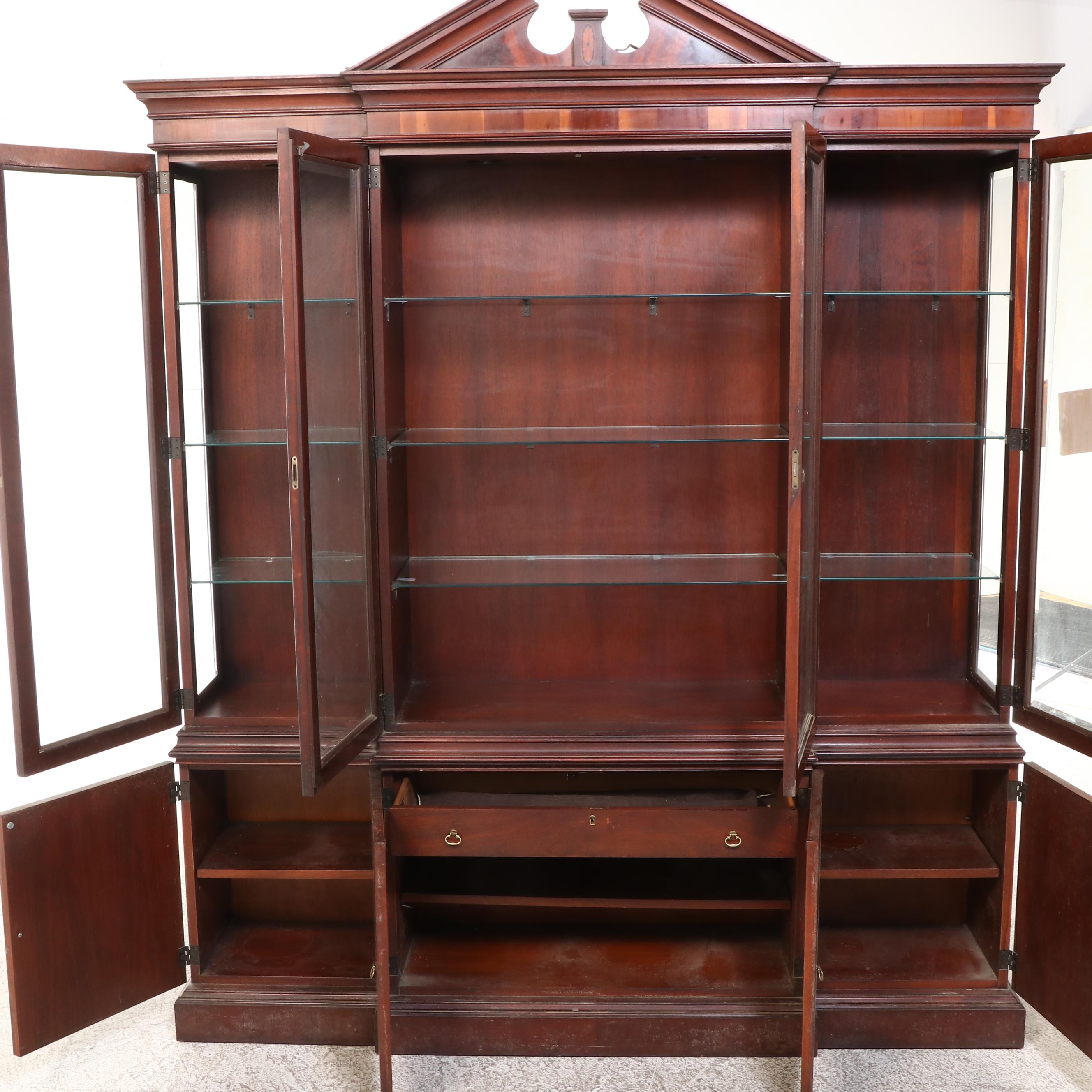 Sheraton Style Mahogany and Burl Wood Breakfront China Cabinet, Late 20th C.
