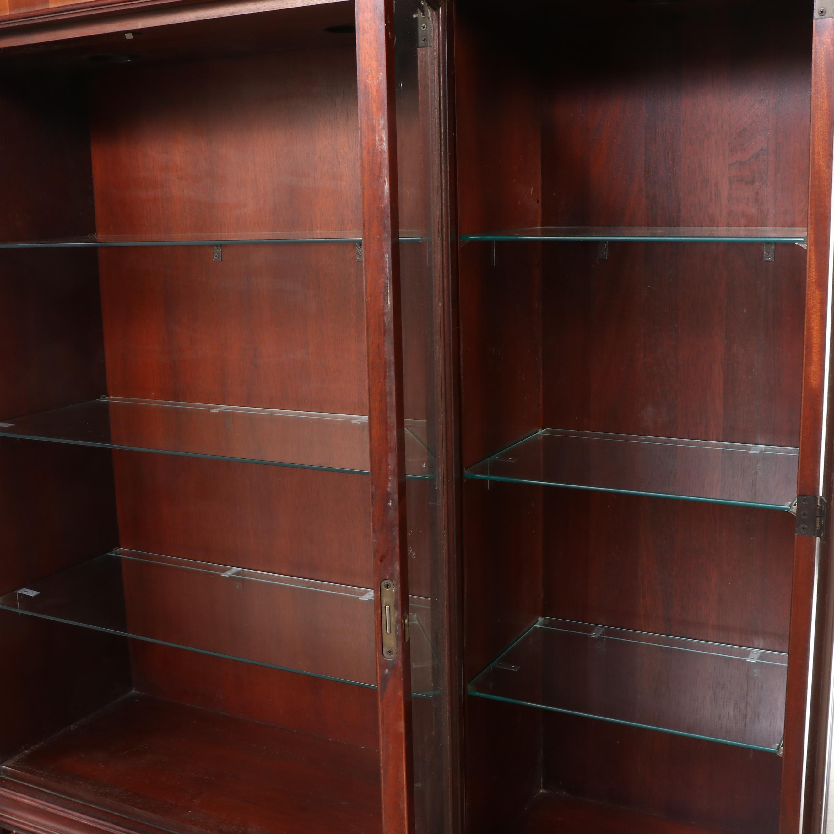 Sheraton Style Mahogany and Burl Wood Breakfront China Cabinet, Late 20th C.
