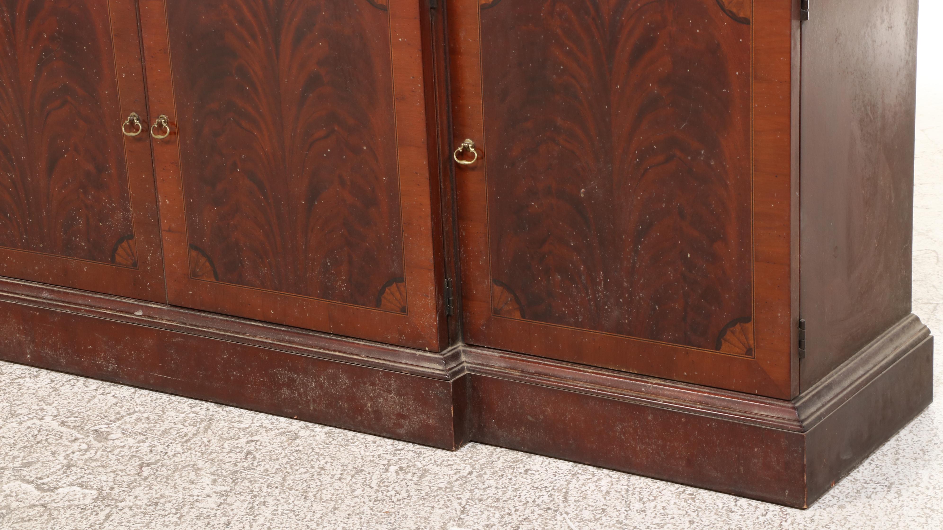 Sheraton Style Mahogany and Burl Wood Breakfront China Cabinet, Late 20th C.