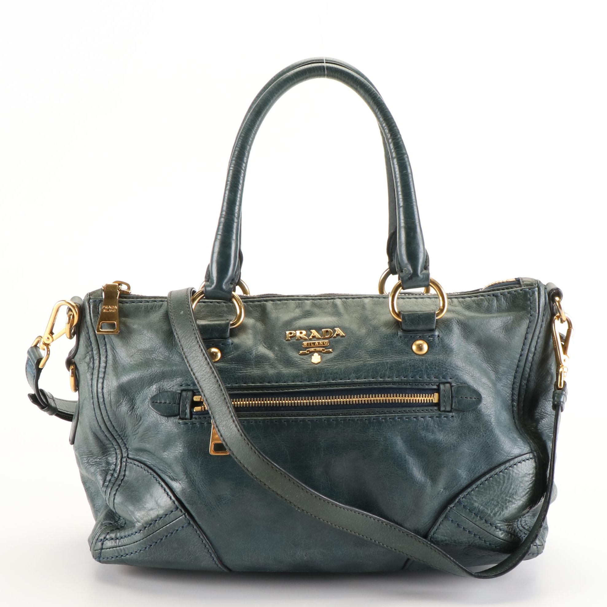 Prada Front Zip Tote in Denim Vitello Daino Leather