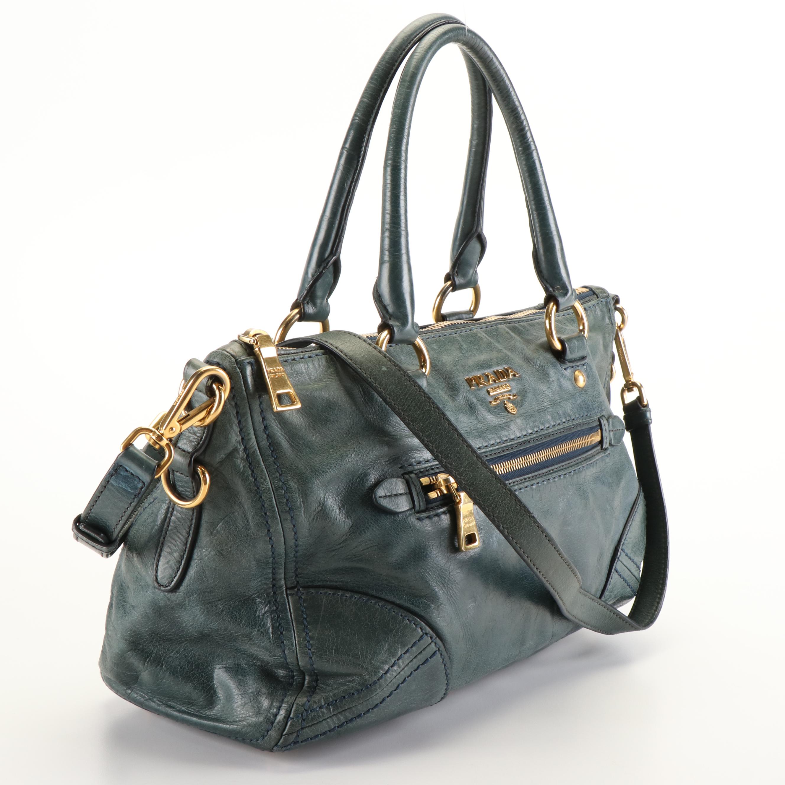 Prada Front Zip Tote in Denim Vitello Daino Leather