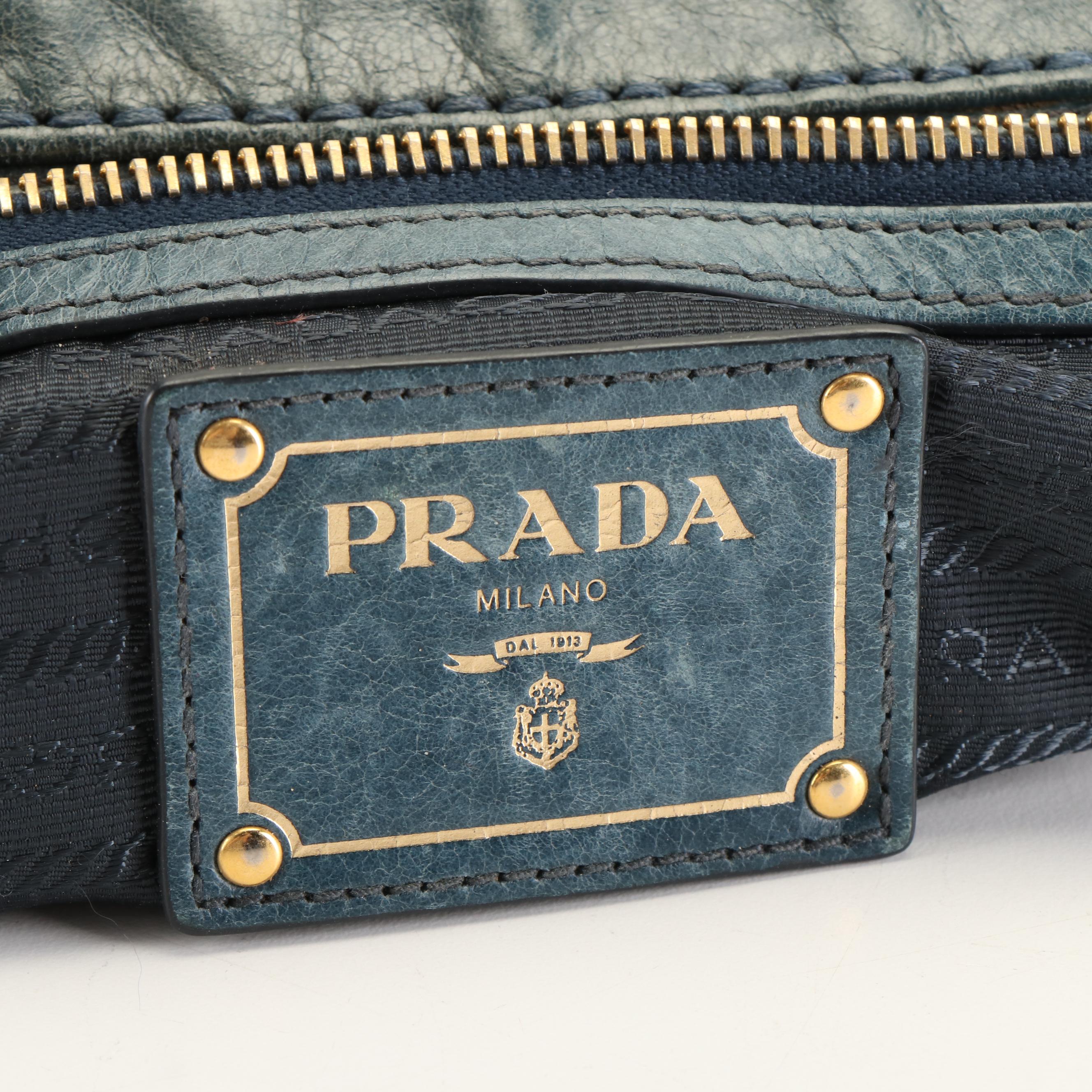 Prada Front Zip Tote in Denim Vitello Daino Leather