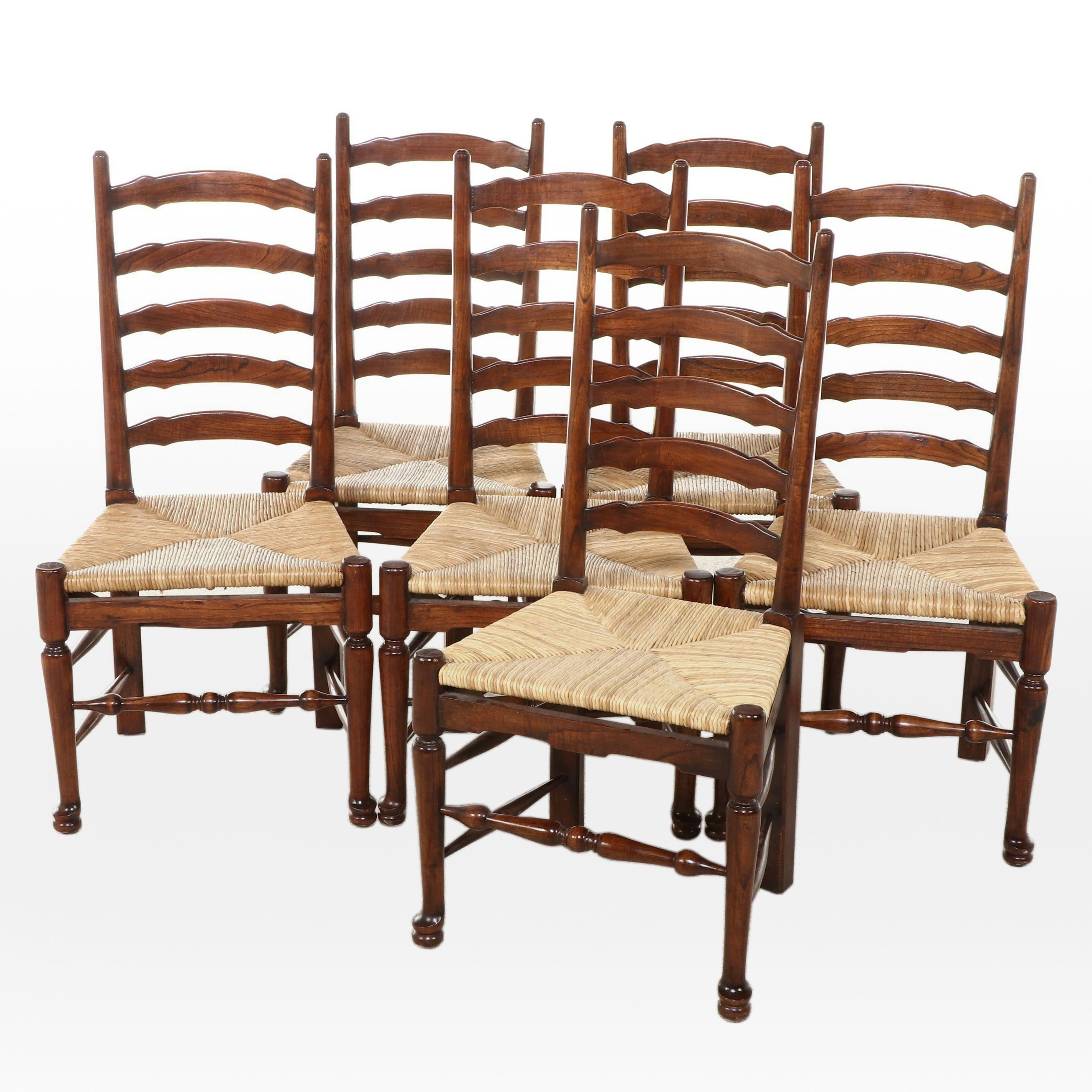 Set of Six French Provincial Style Ladder-Back Chairs with Rush Seats