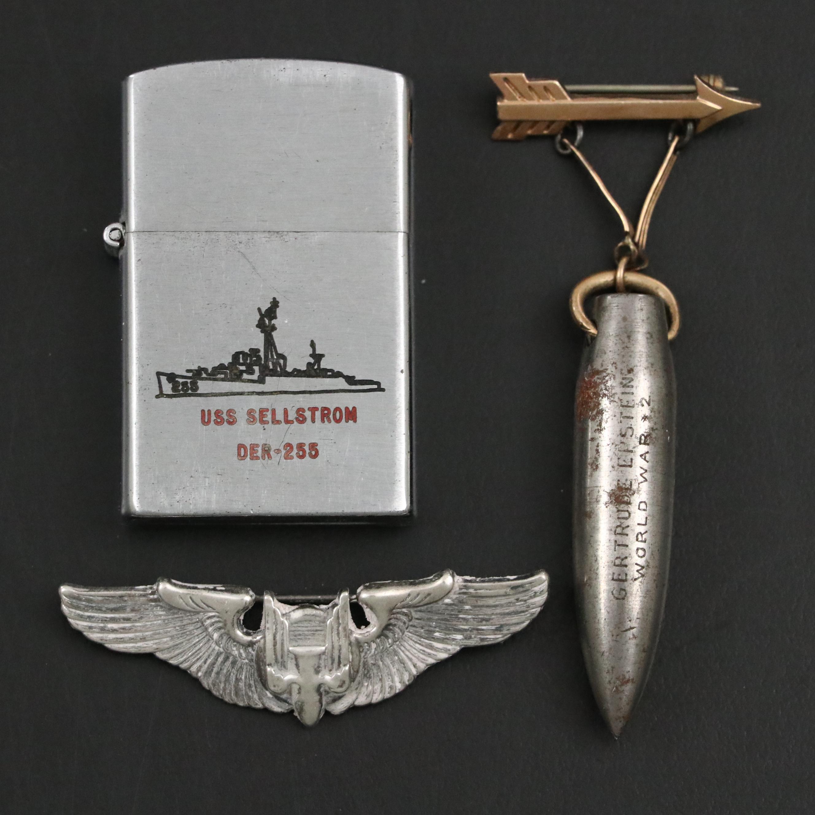 World War II Era USS Sellstrom Lighter, Sterling Gunner Wings and Pin