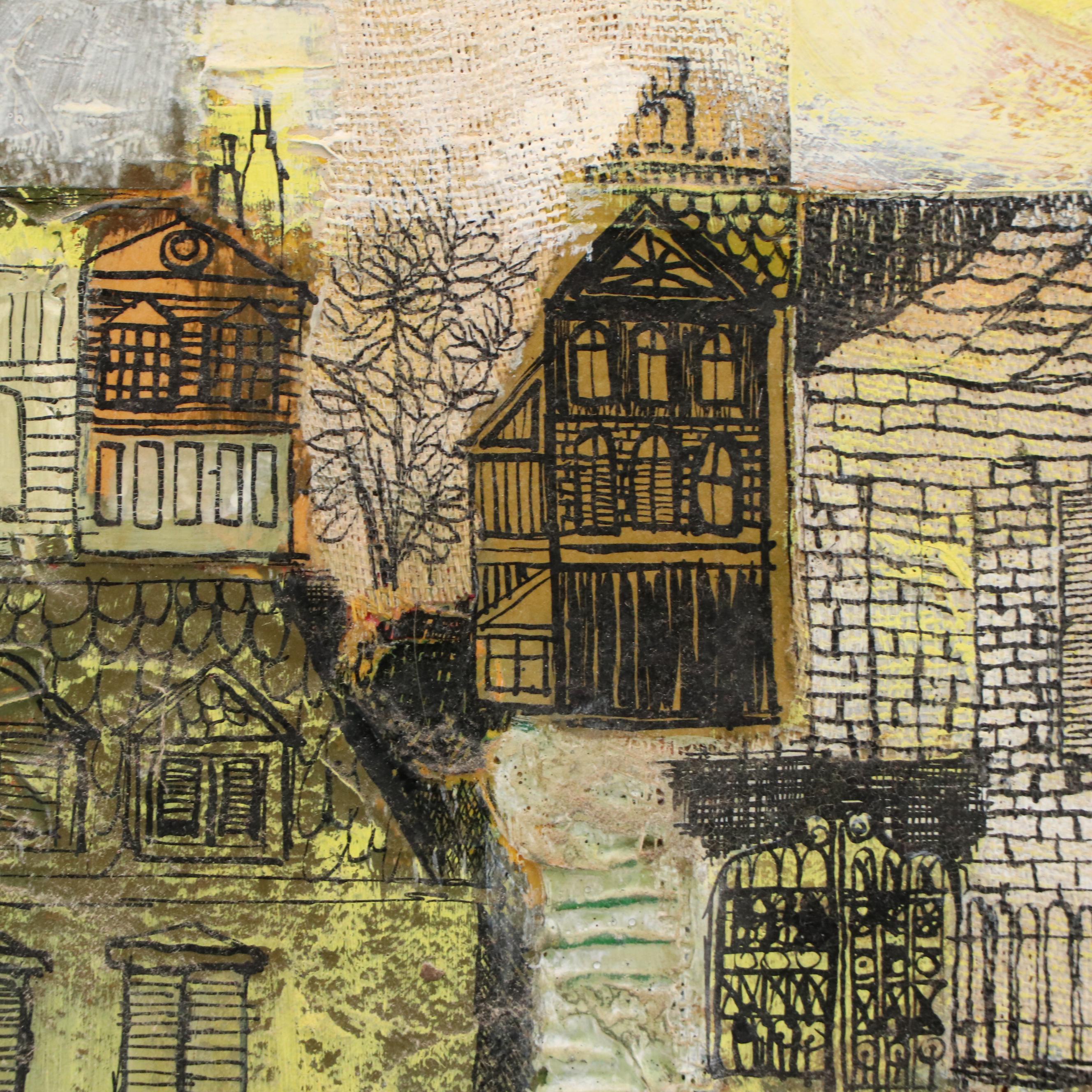 Sheila Bonser Mixed Media Cityscape Painting, Late 20th Century