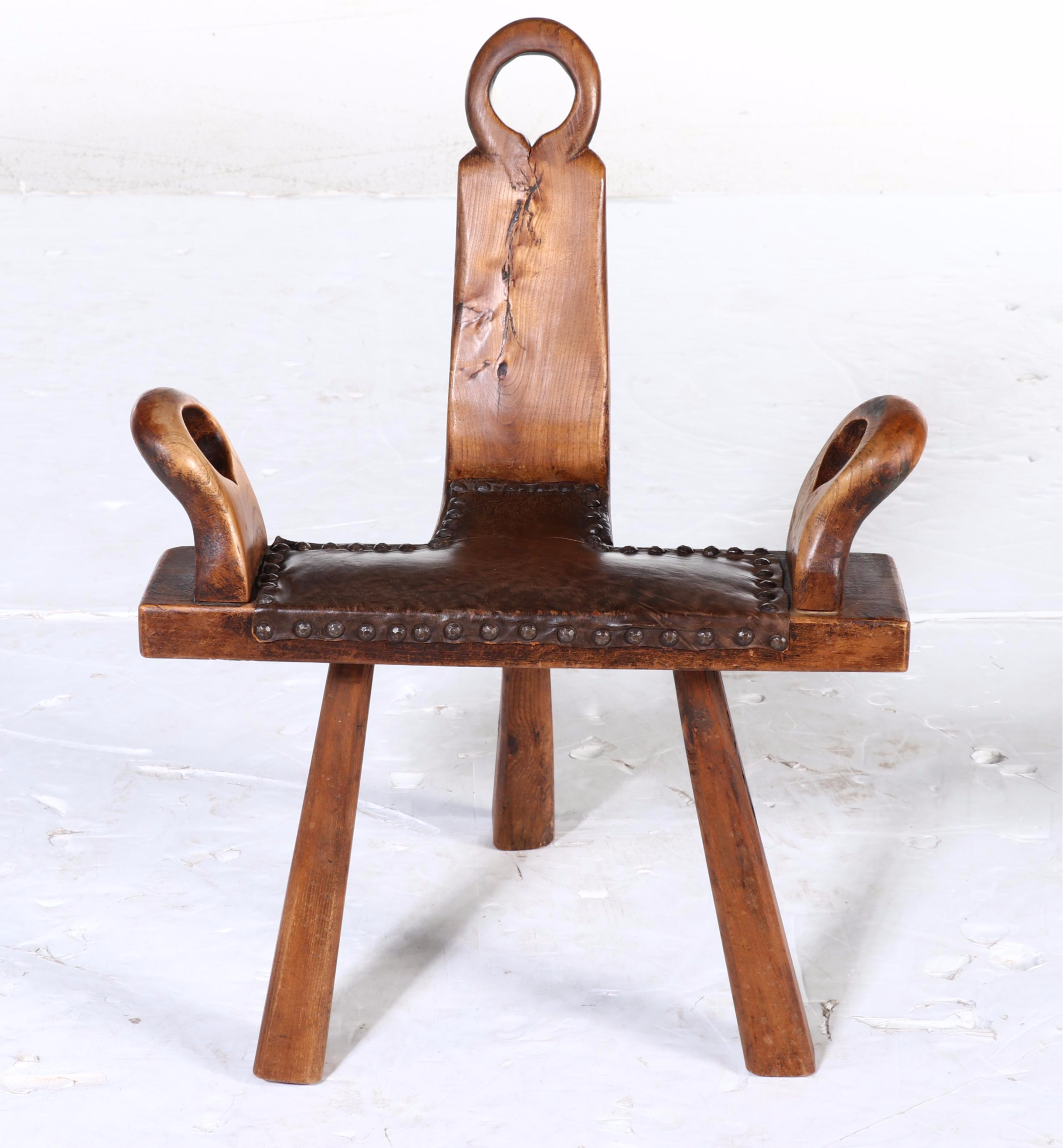 Spanish Brutalist Style Wooden and Leather Bootstrap Birthing Chair