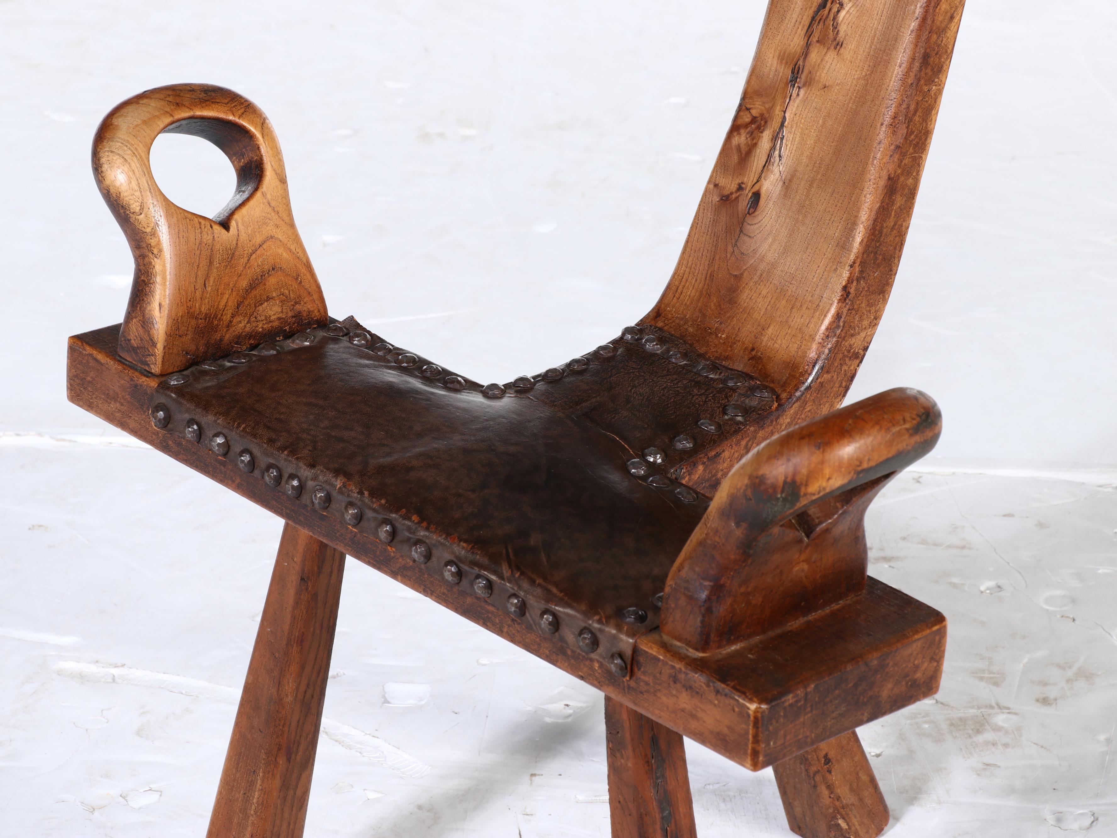 Spanish Brutalist Style Wooden and Leather Bootstrap Birthing Chair